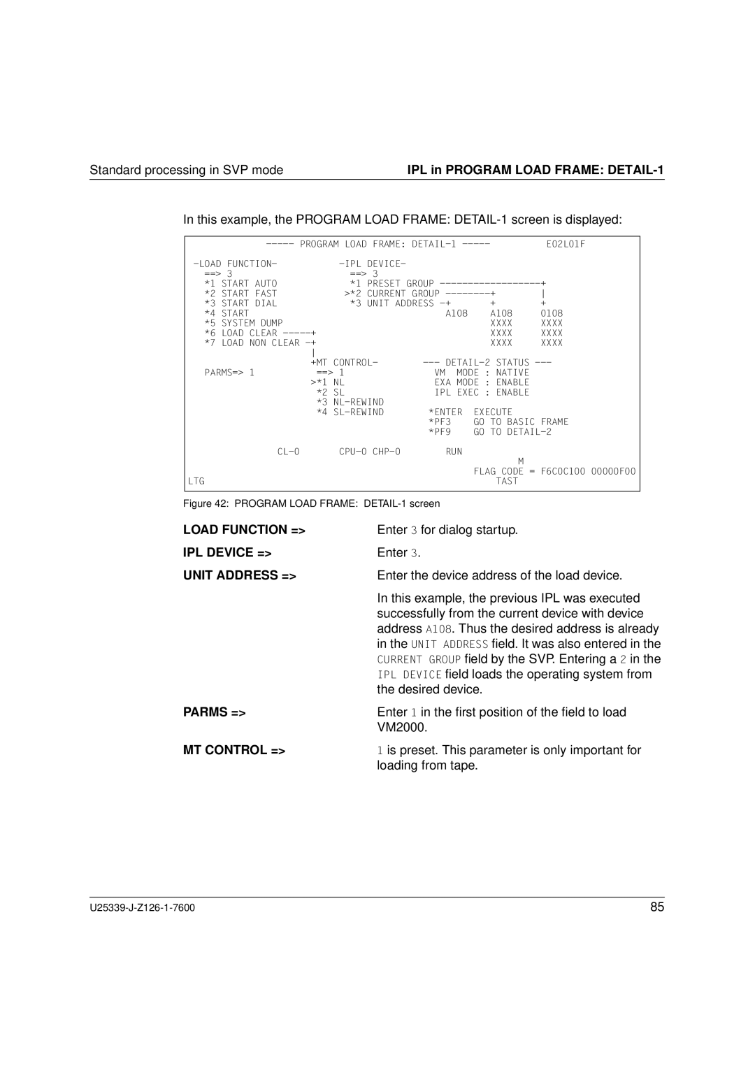 Fujitsu Siemens Computers BS2000/OSD manual Load Function = IPL Device = Unit Address =, MT Control = 