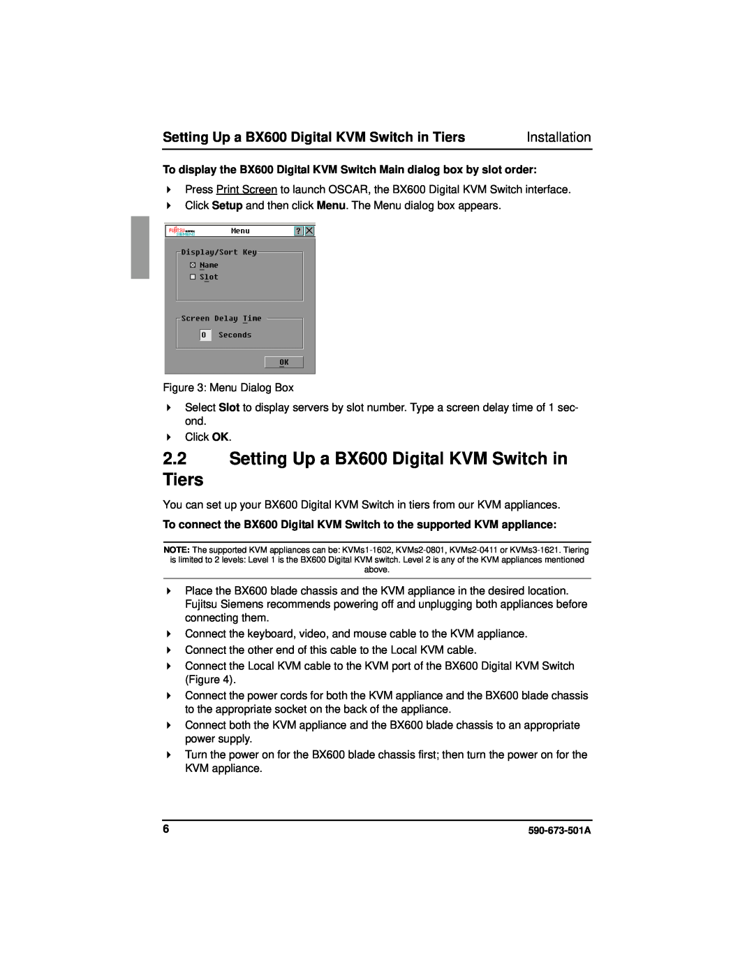 Fujitsu Siemens Computers manual Setting Up a BX600 Digital KVM Switch in Tiers, Installation 