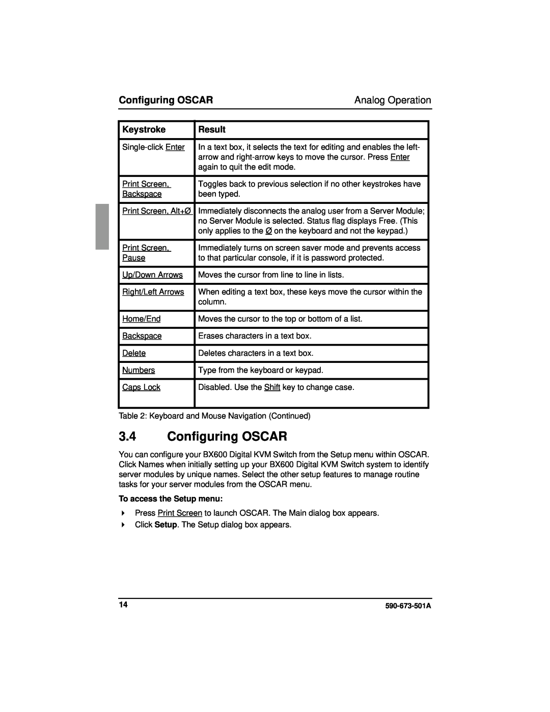 Fujitsu Siemens Computers BX600 manual Configuring OSCAR, To access the Setup menu, Analog Operation, Keystroke, Result 