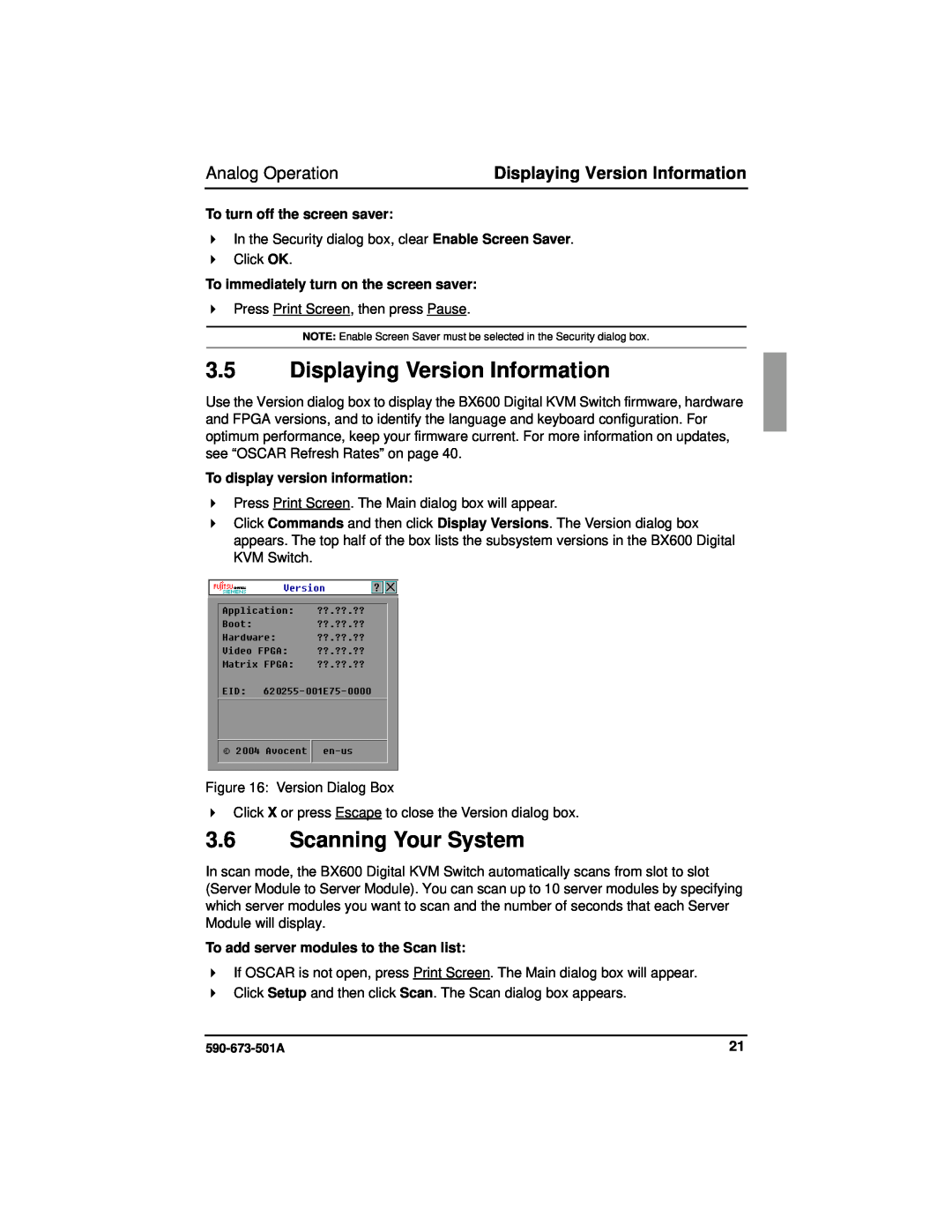 Fujitsu Siemens Computers BX600 manual Displaying Version Information, Scanning Your System, To turn off the screen saver 