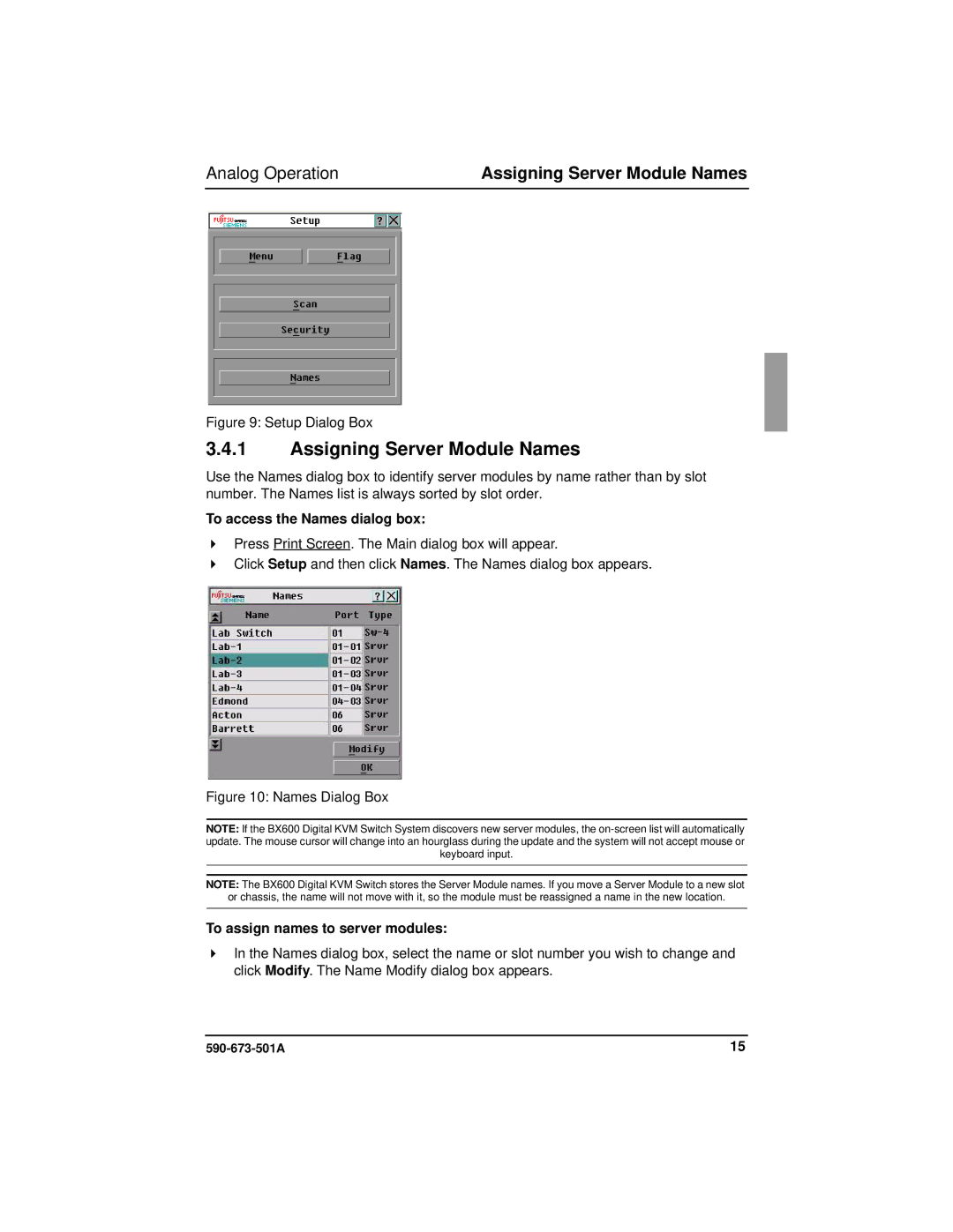 Fujitsu Siemens Computers BX600 manual Assigning Server Module Names, Analog Operation, To access the Names dialog box 