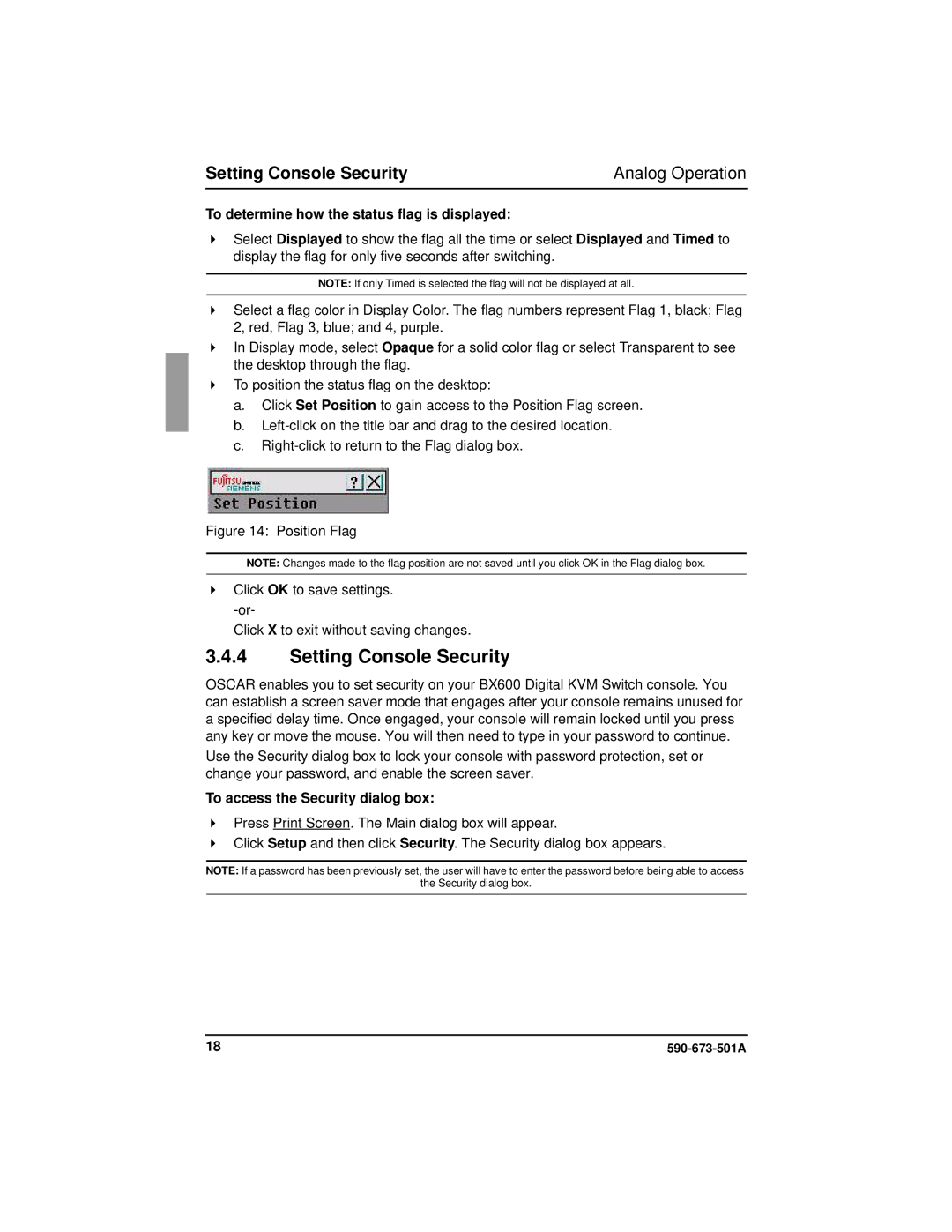 Fujitsu Siemens Computers BX600 manual Setting Console Security Analog Operation, To access the Security dialog box 