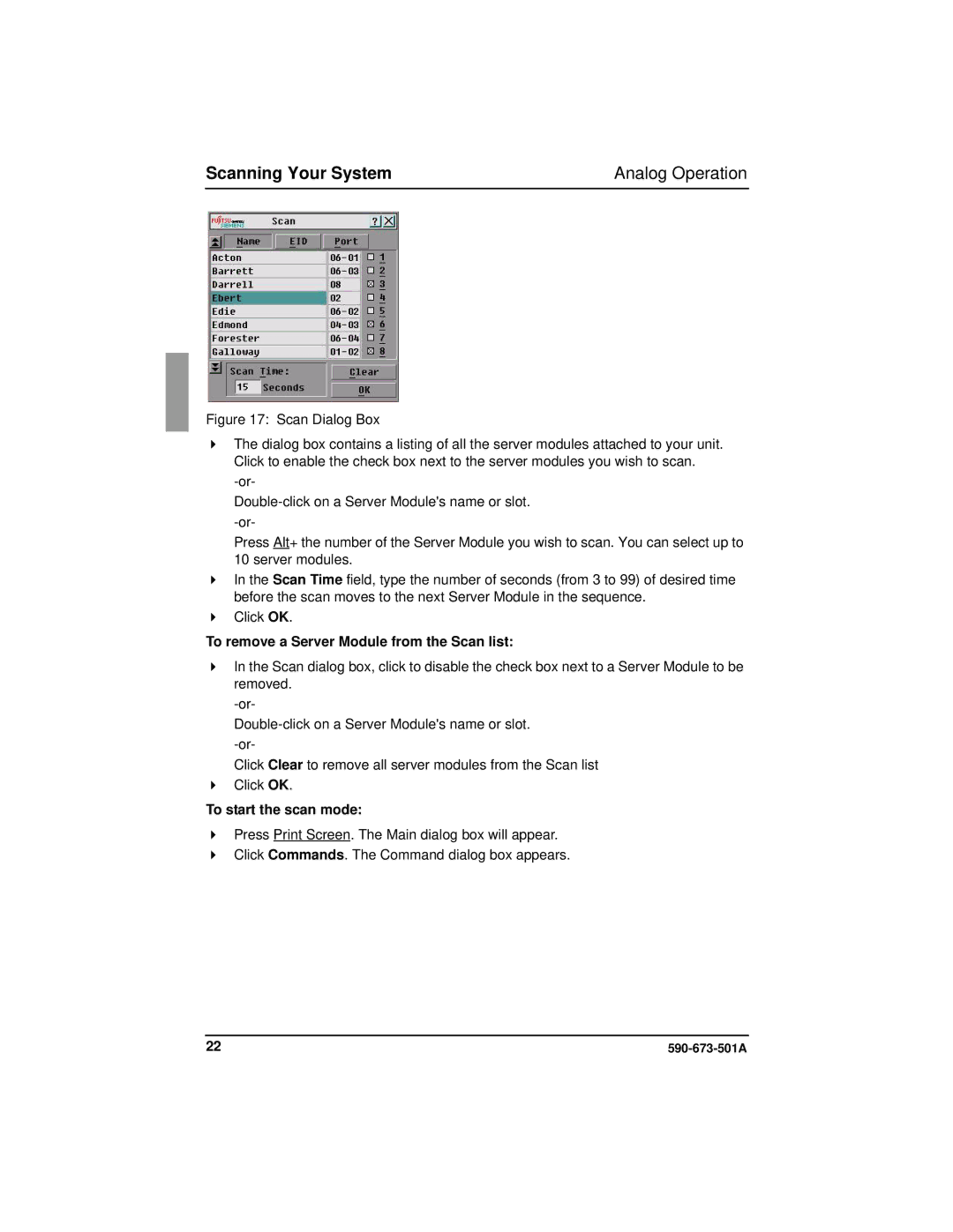 Fujitsu Siemens Computers BX600 manual Scanning Your System Analog Operation, To remove a Server Module from the Scan list 