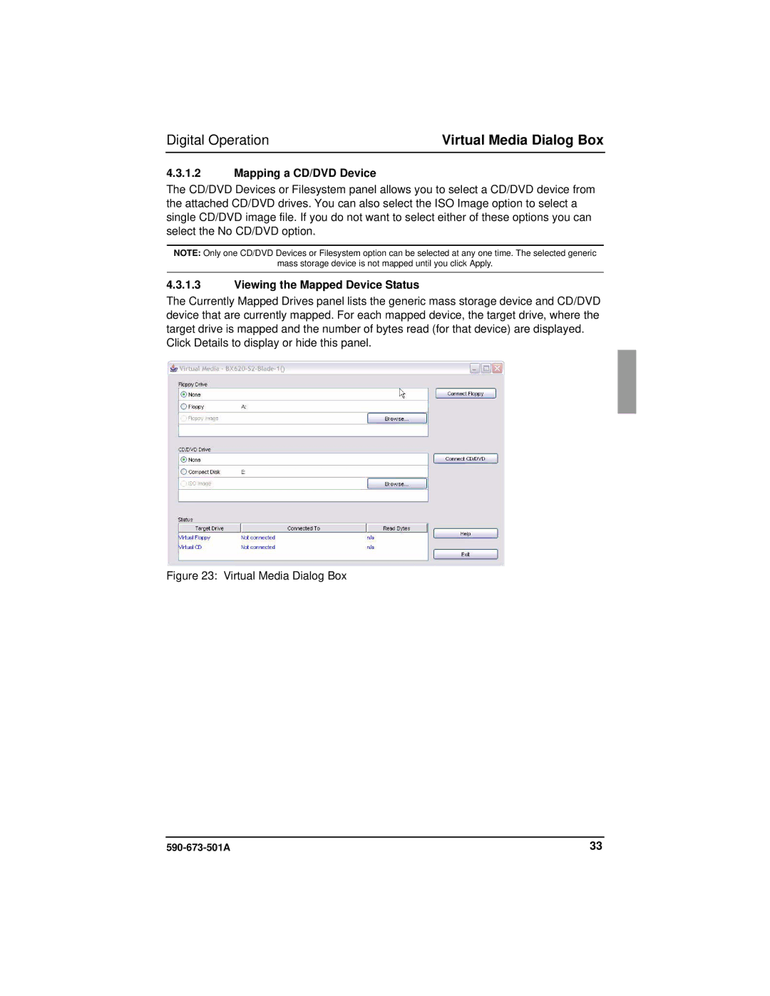 Fujitsu Siemens Computers BX600 manual Virtual Media Dialog Box, Mapping a CD/DVD Device, Viewing the Mapped Device Status 