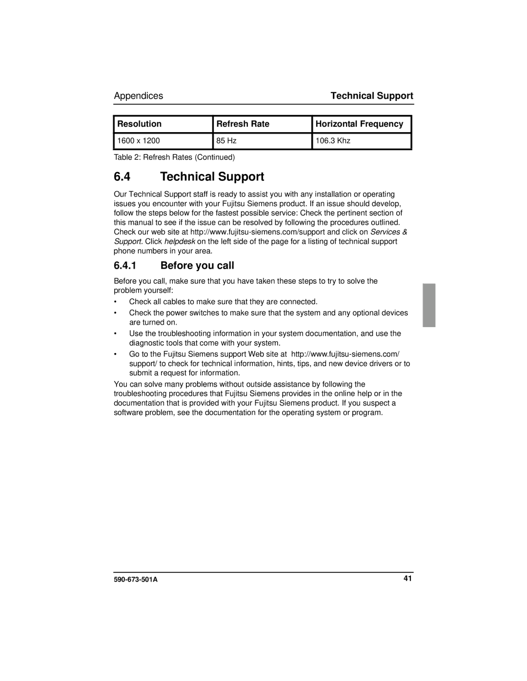 Fujitsu Siemens Computers BX600 manual Technical Support, Before you call, 85 Hz 106.3 Khz 