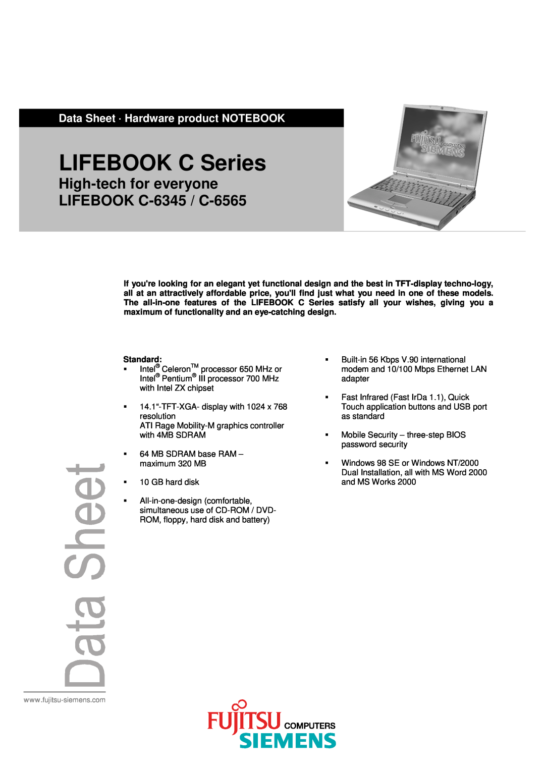 Fujitsu Siemens Computers C-6565, C-6345 manual Data Sheet · Hardware product NOTEBOOK, LIFEBOOK C Series 