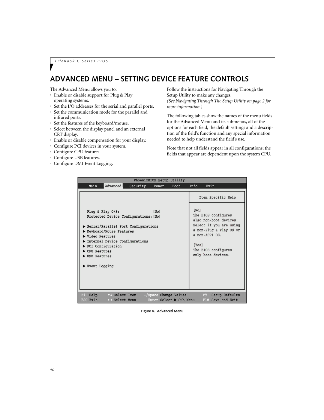 Fujitsu Siemens Computers C-6631, C-7631 Advanced Menu Setting Device Feature Controls, Main, Security, Boot Info Exit 