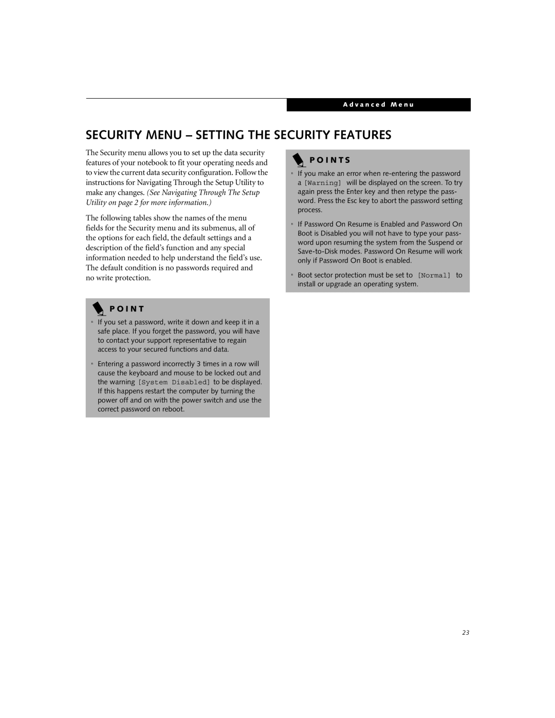 Fujitsu Siemens Computers C-6611, C-7631, C-6631 manual Security Menu Setting the Security Features 