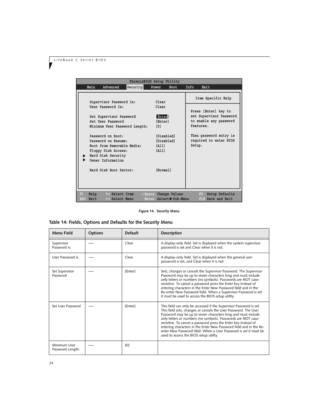 Fujitsu Siemens Computers C-7631, C-6631 Fields, Options and Defaults for the Security Menu, Main Advanced, Power Boot 