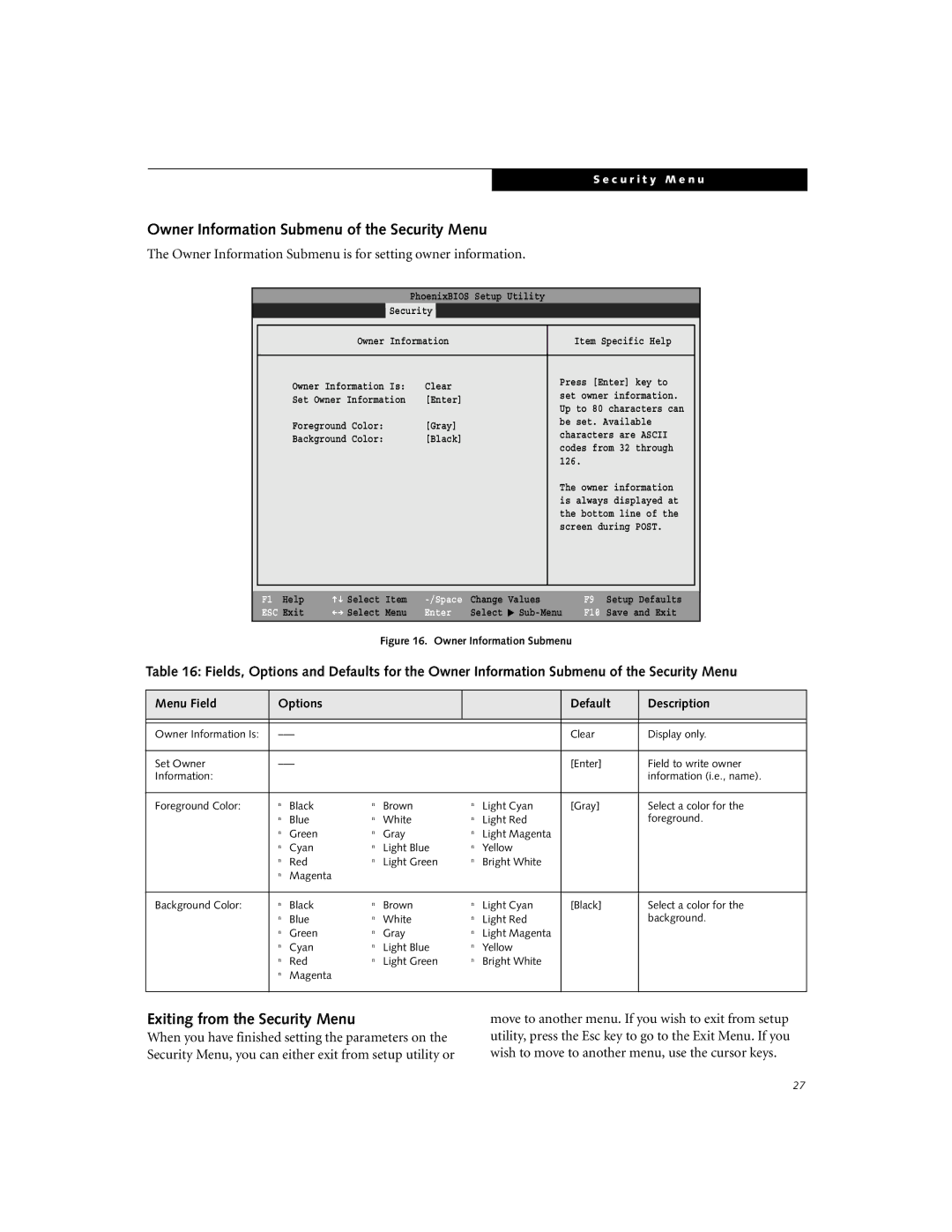 Fujitsu Siemens Computers C-7631, C-6631 Owner Information Submenu of the Security Menu, Exiting from the Security Menu 