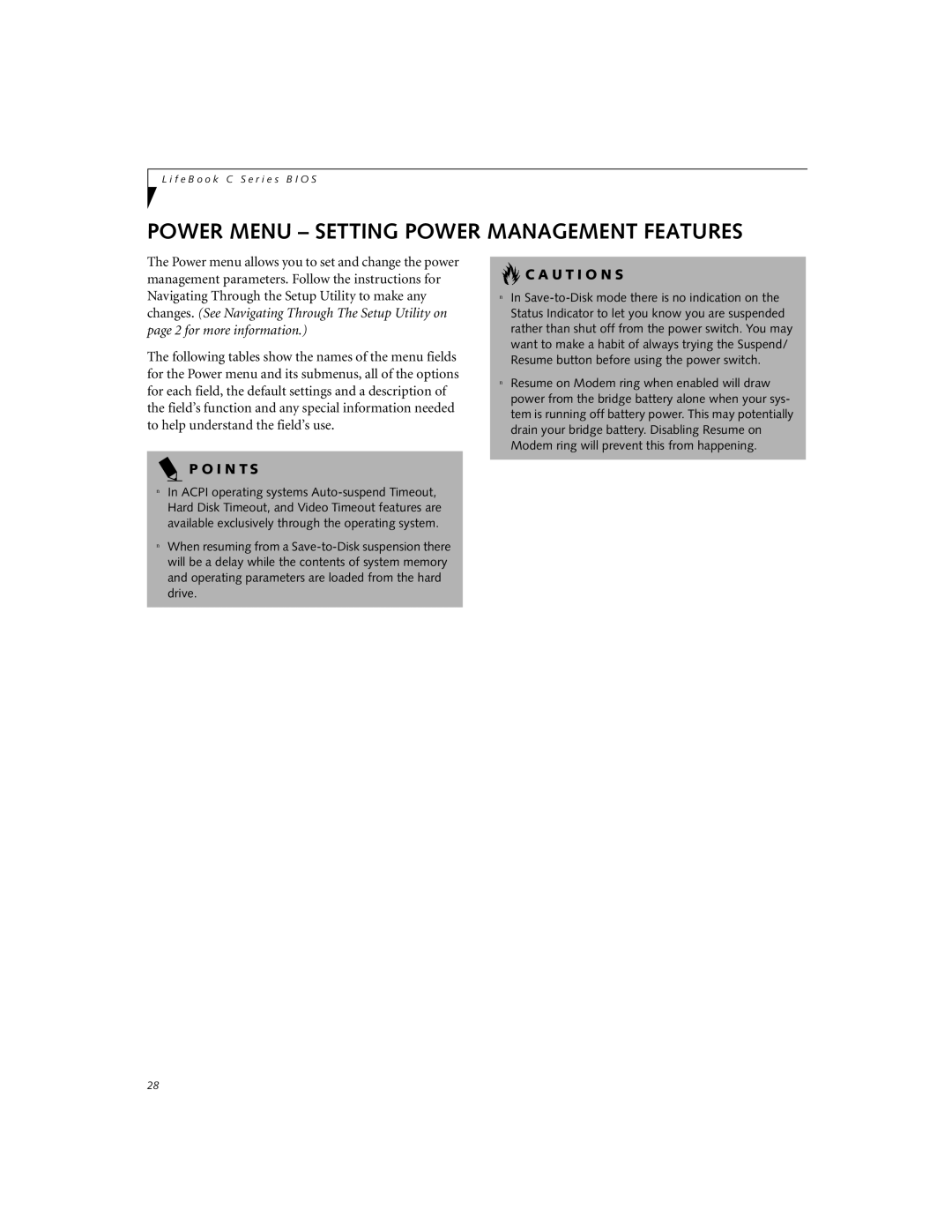 Fujitsu Siemens Computers C-6631, C-7631, C-6611 manual Power Menu Setting Power Management Features, U T I O N S 