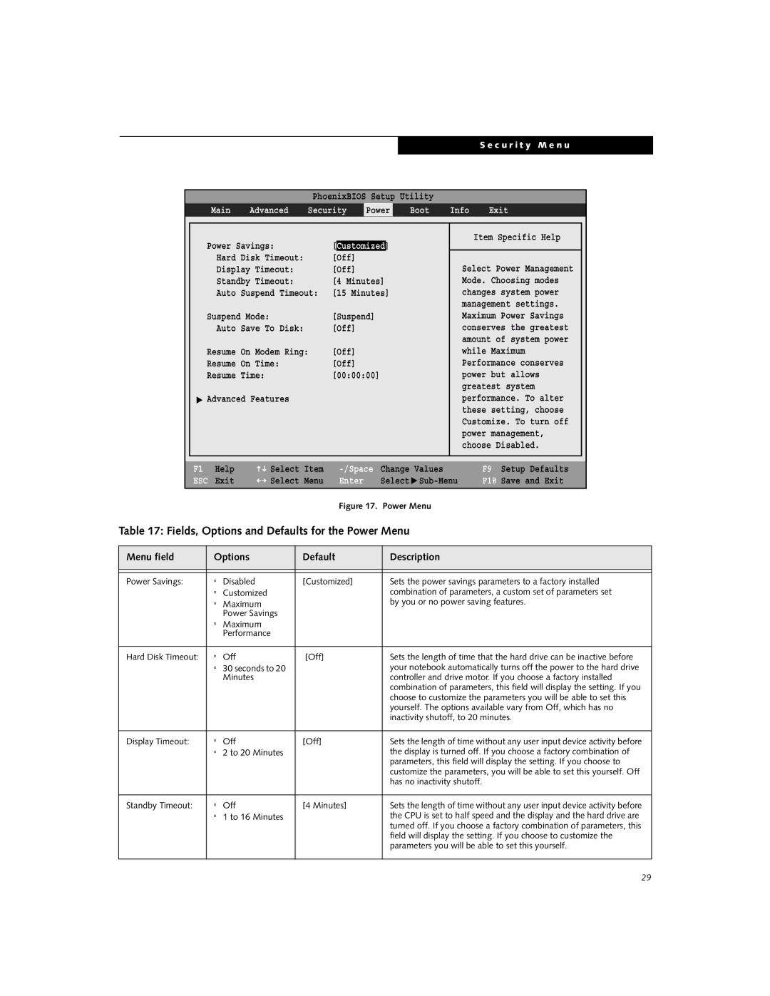 Fujitsu Siemens Computers C-6611, C-7631, C-6631 Fields, Options and Defaults for the Power Menu, Main Advanced Security 