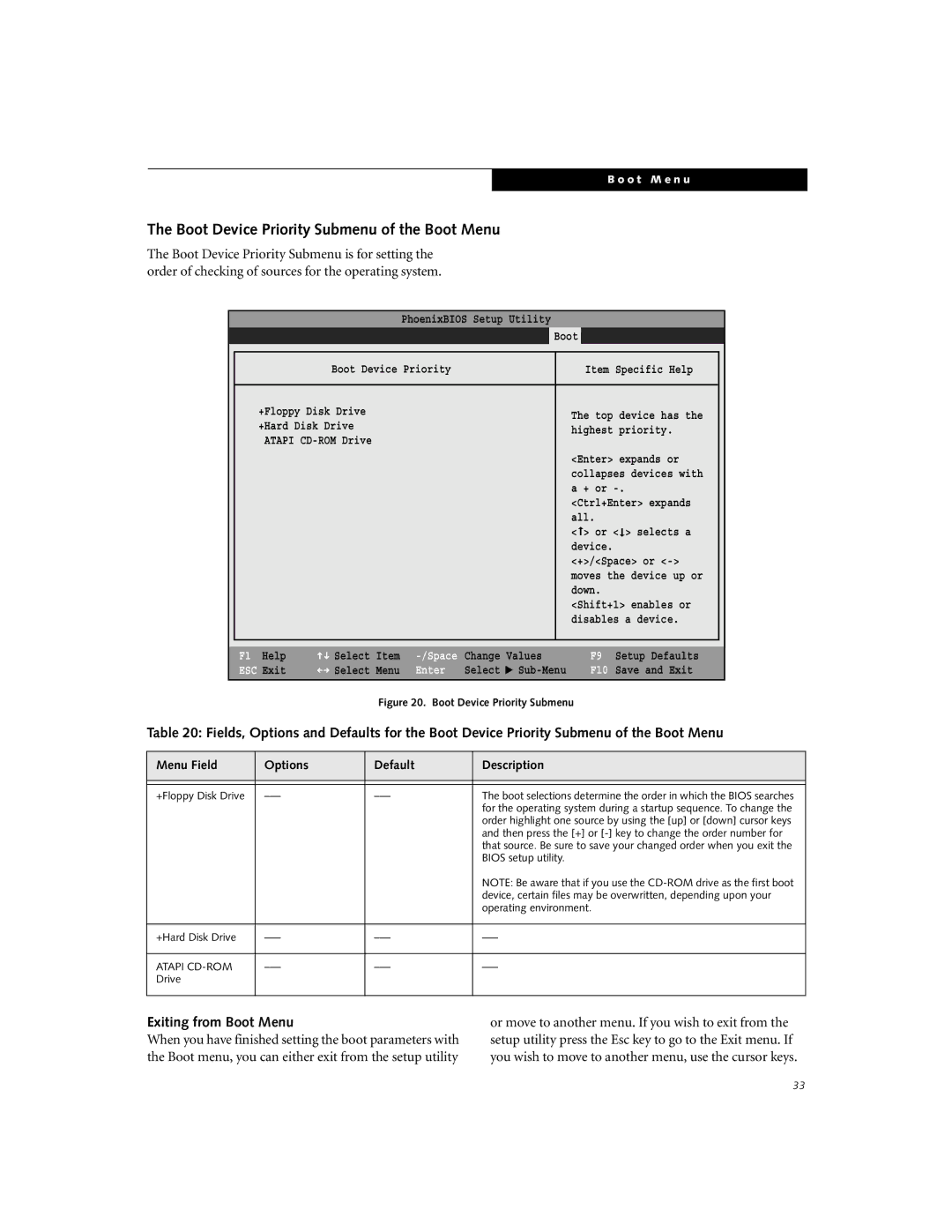 Fujitsu Siemens Computers C-7631, C-6631, C-6611 manual Boot Device Priority Submenu of the Boot Menu, Exiting from Boot Menu 