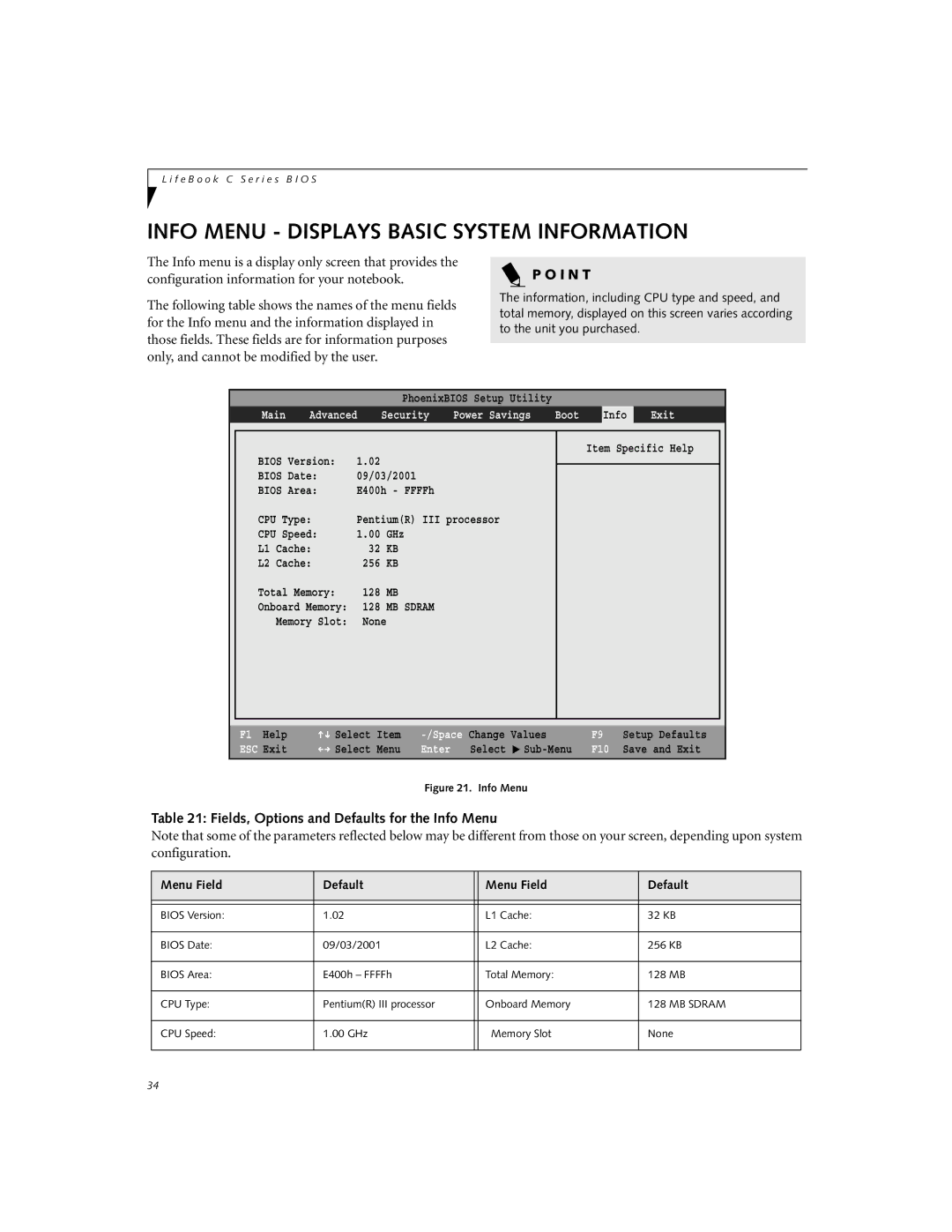 Fujitsu Siemens Computers C-6631, C-7631, C-6611 manual Info Menu Displays Basic System Information 