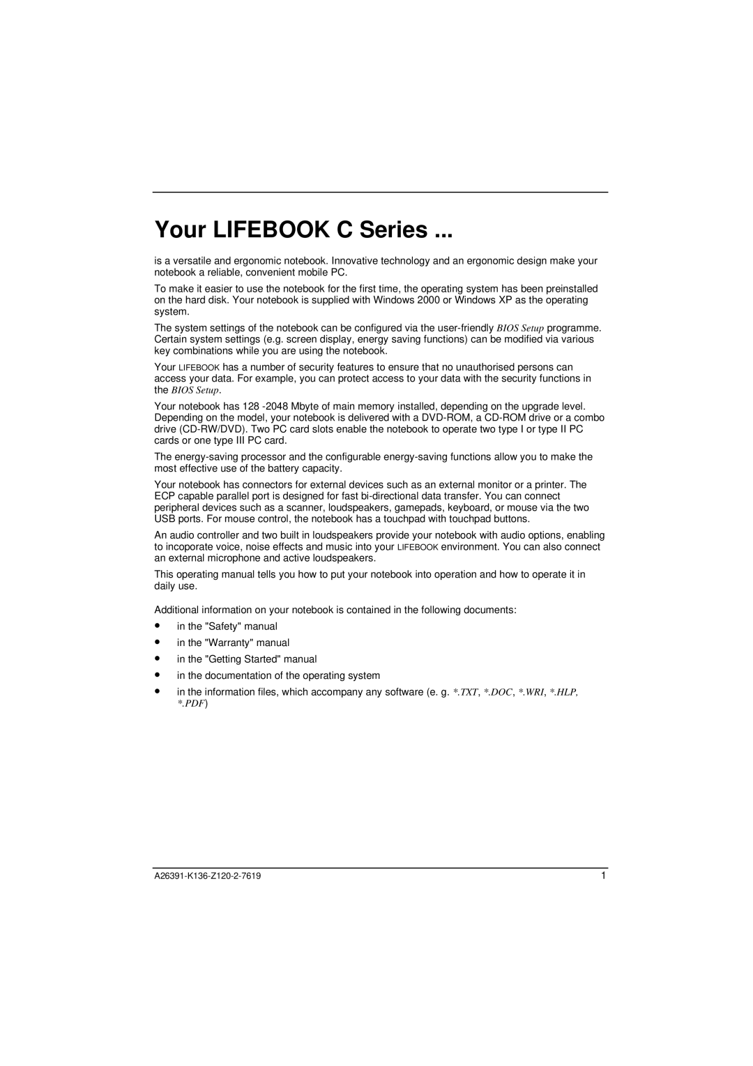 Fujitsu Siemens Computers manual Your Lifebook C Series 