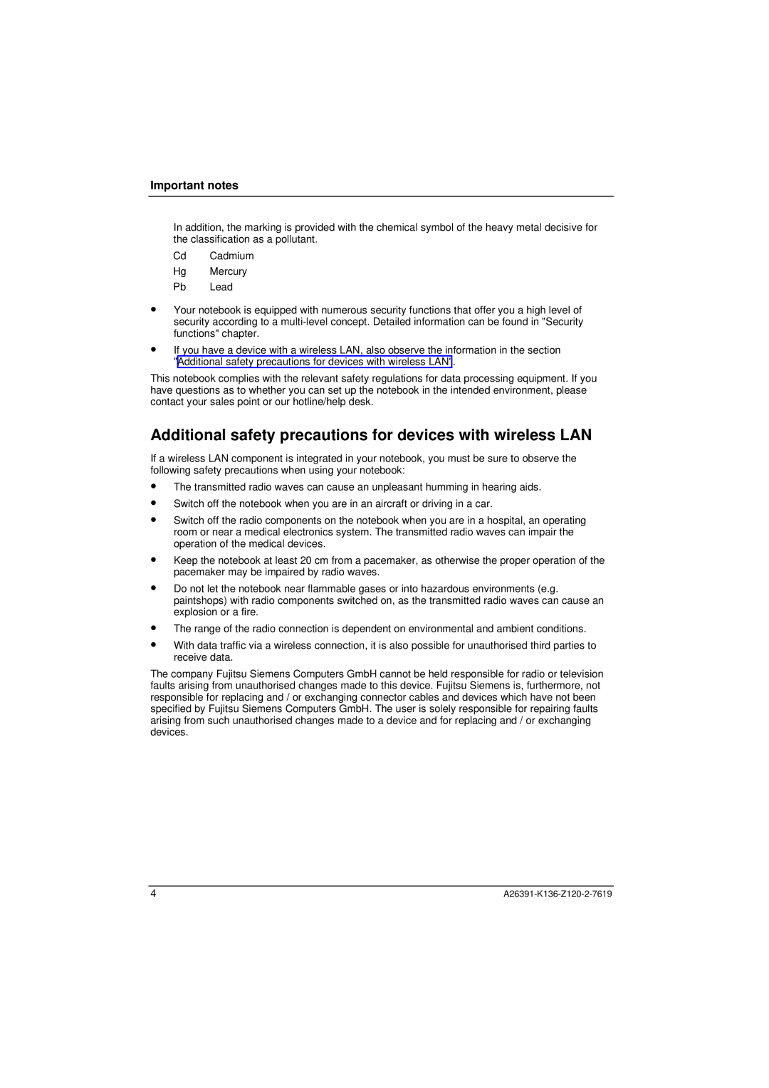 Fujitsu Siemens Computers C Series manual Additional safety precautions for devices with wireless LAN, Important notes 