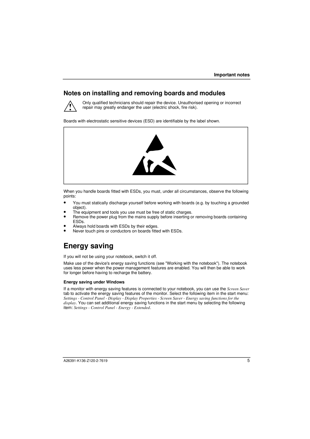 Fujitsu Siemens Computers C Series manual Energy saving under Windows 