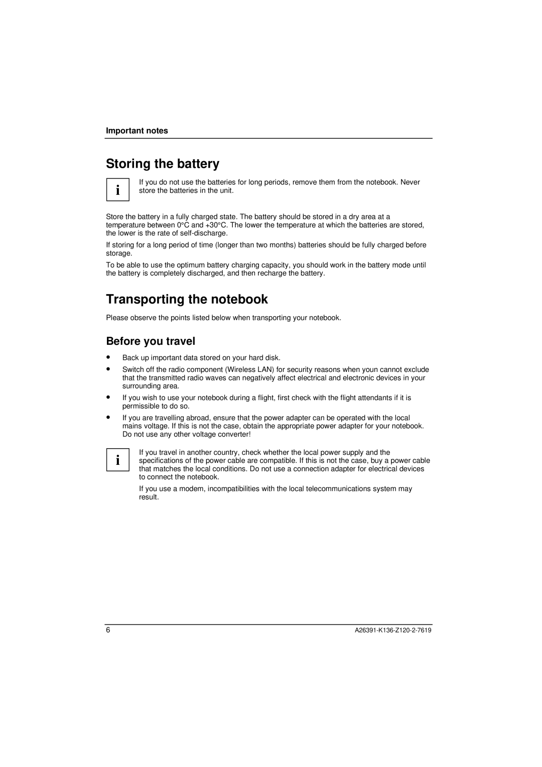 Fujitsu Siemens Computers C Series manual Storing the battery, Transporting the notebook, Before you travel 