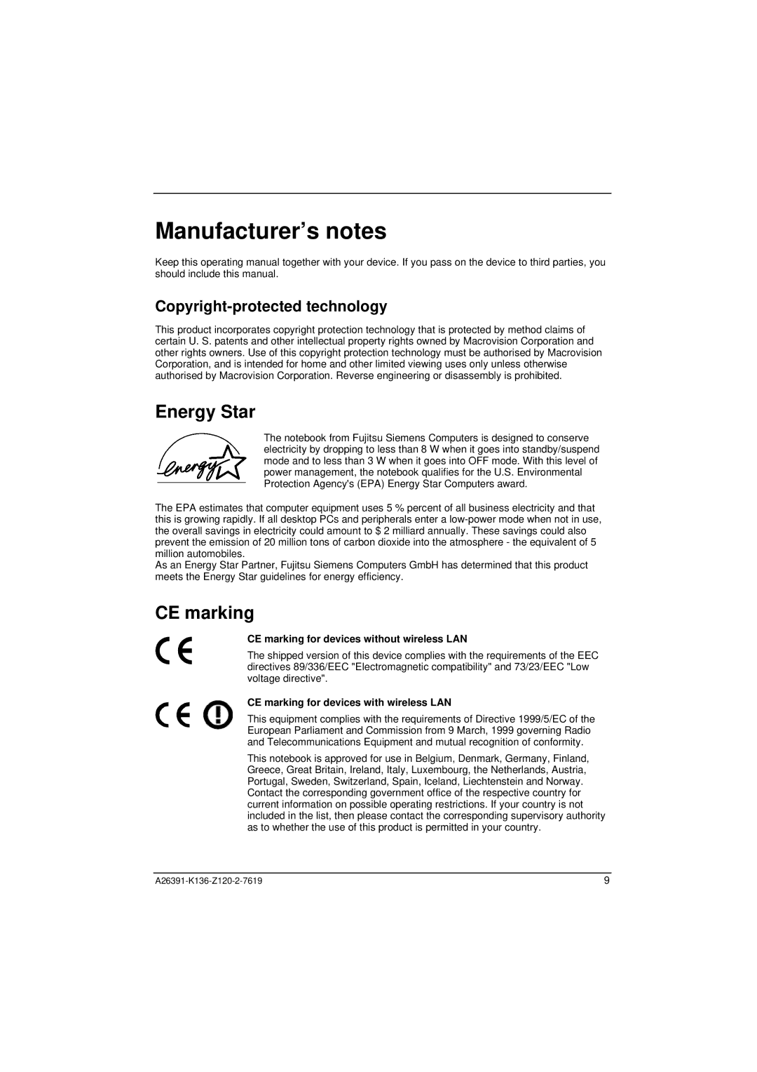 Fujitsu Siemens Computers C Series manual Manufacturer’s notes, Energy Star, CE marking, Copyright-protected technology 