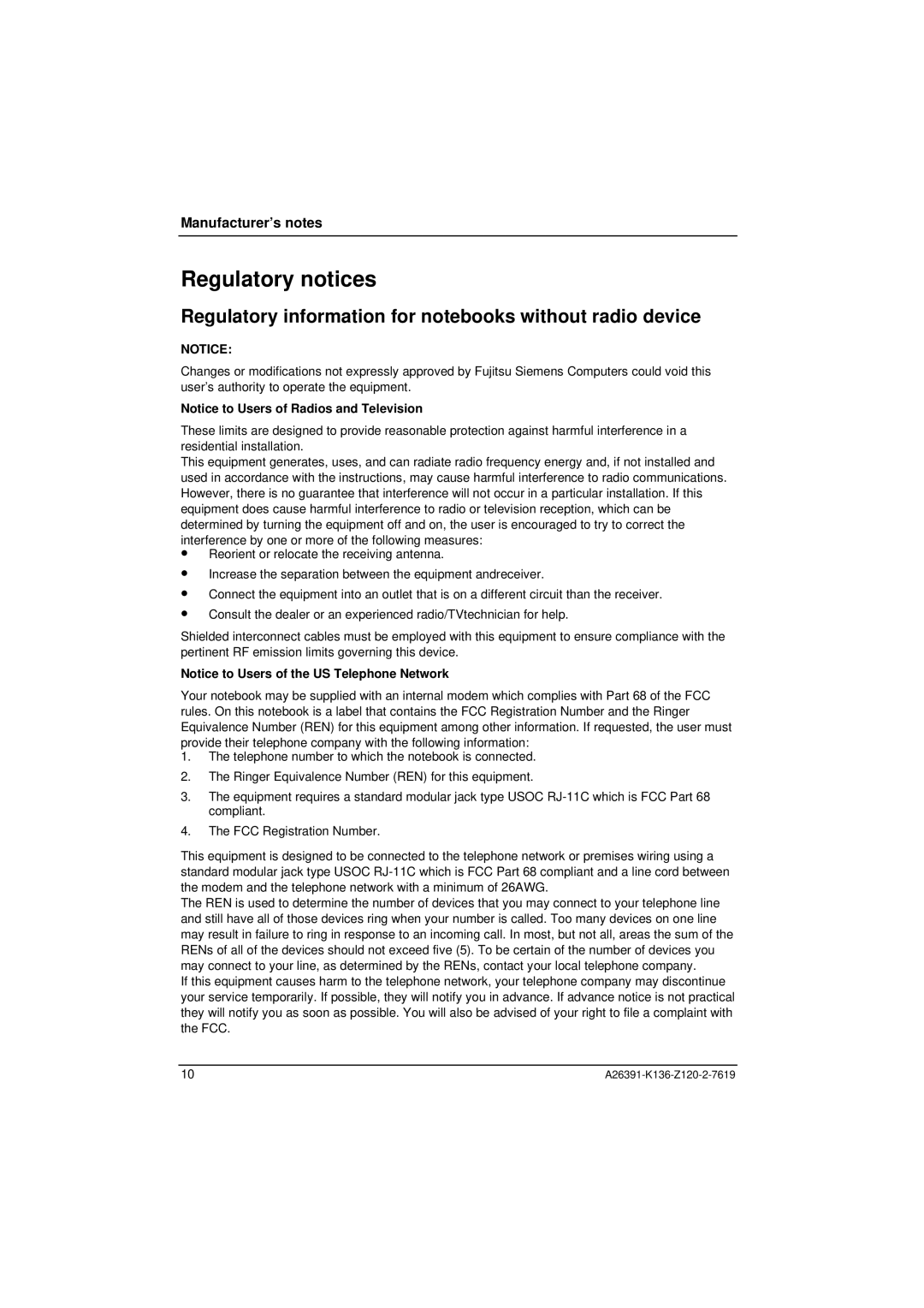 Fujitsu Siemens Computers C Series manual Regulatory notices, Regulatory information for notebooks without radio device 