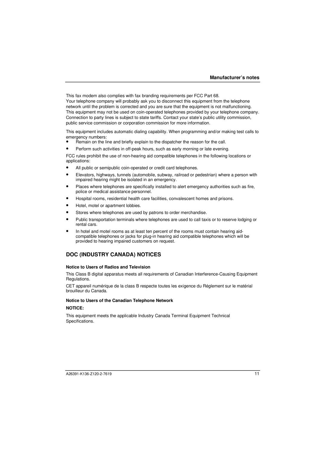 Fujitsu Siemens Computers C Series manual DOC Industry Canada Notices 