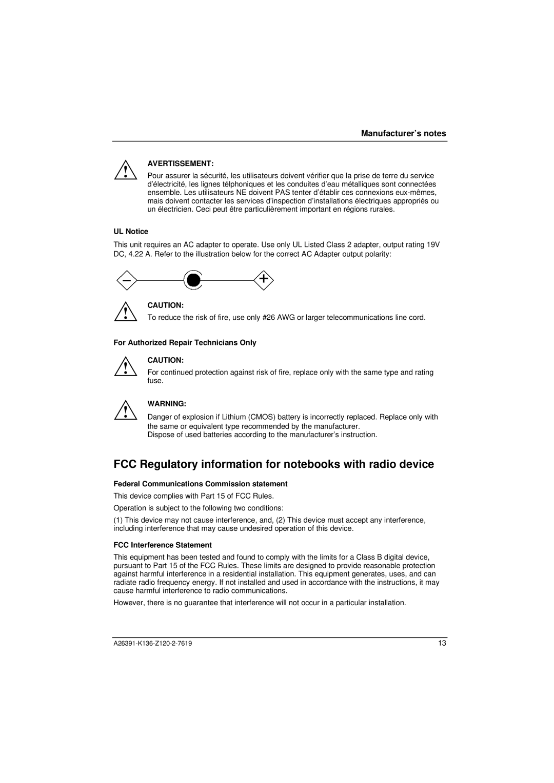 Fujitsu Siemens Computers C Series manual FCC Regulatory information for notebooks with radio device, UL Notice 