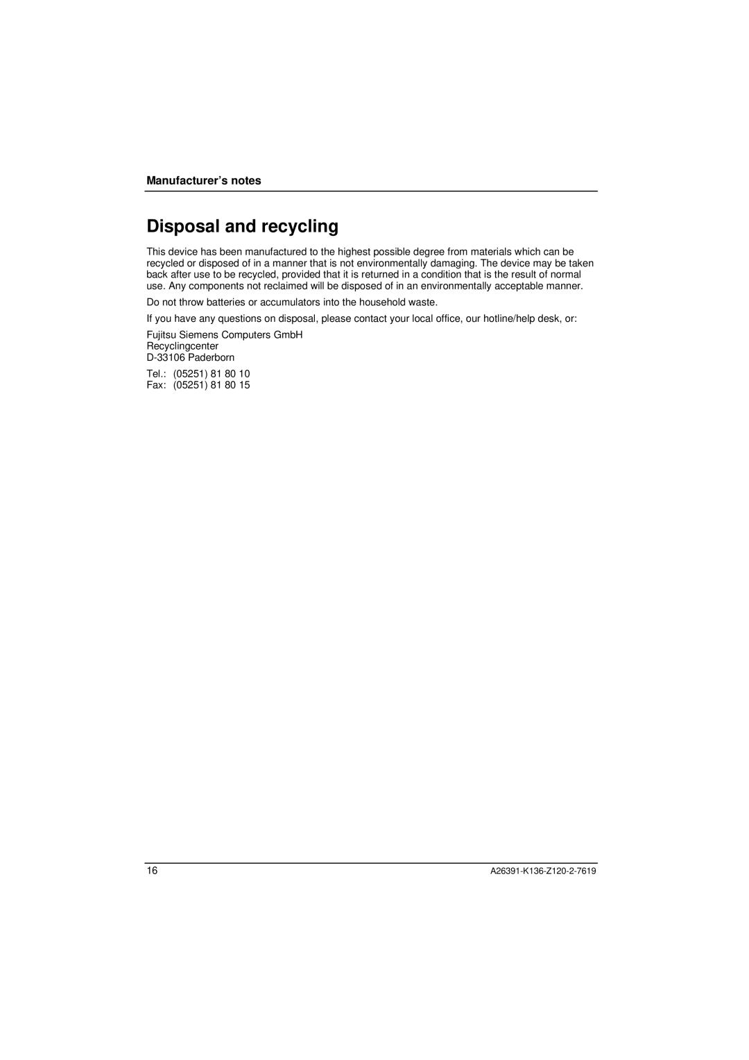 Fujitsu Siemens Computers C Series manual Disposal and recycling 