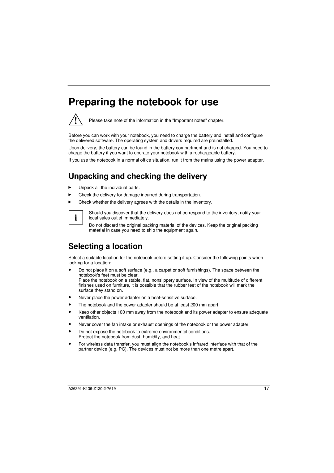 Fujitsu Siemens Computers C Series manual Preparing the notebook for use, Unpacking and checking the delivery 