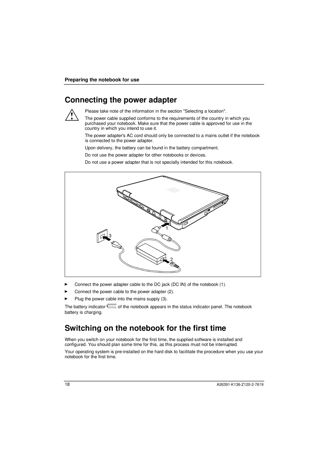 Fujitsu Siemens Computers C Series manual Connecting the power adapter, Switching on the notebook for the first time 