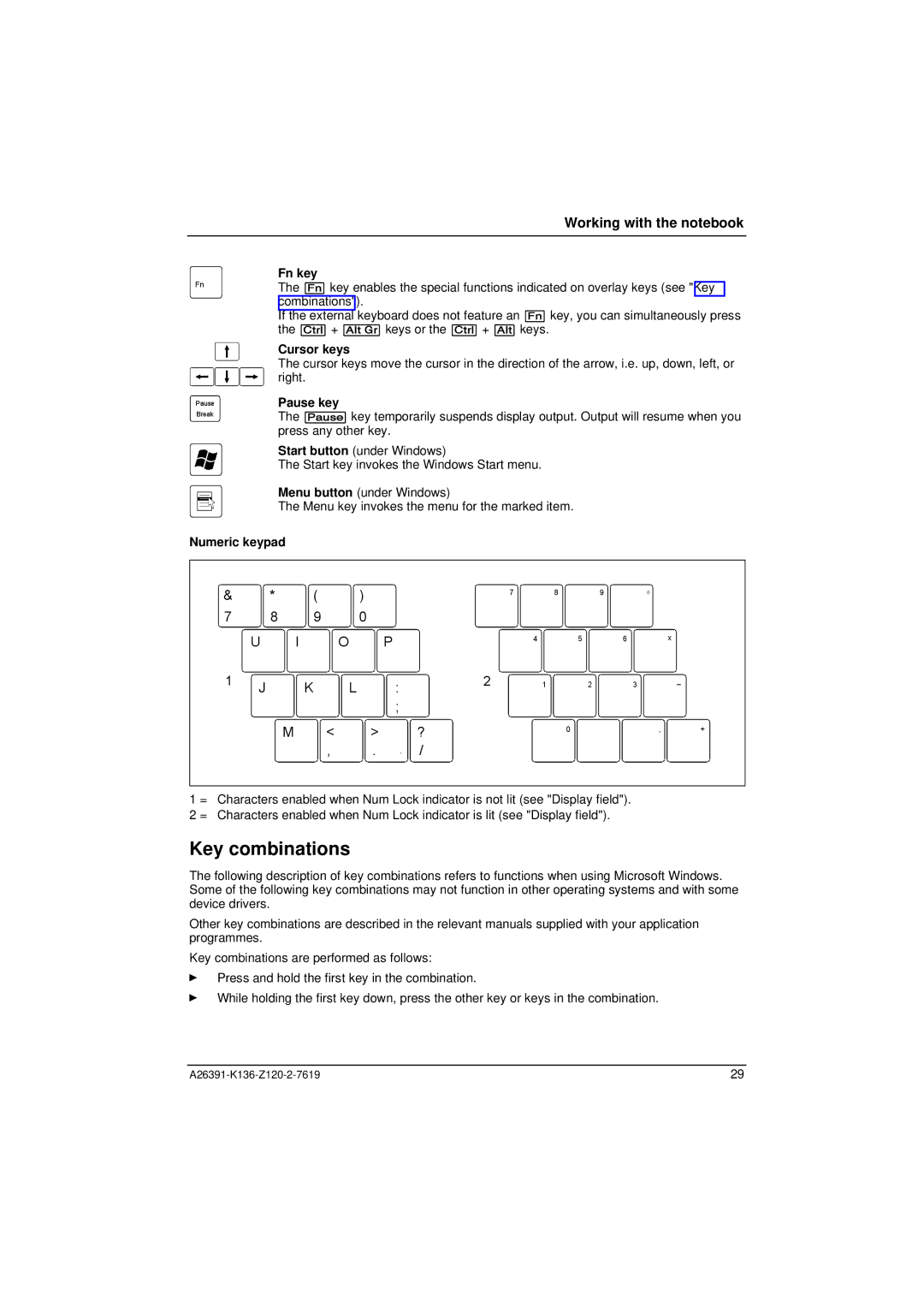 Fujitsu Siemens Computers C Series manual Key combinations, Fn key, Pause key, Numeric keypad 