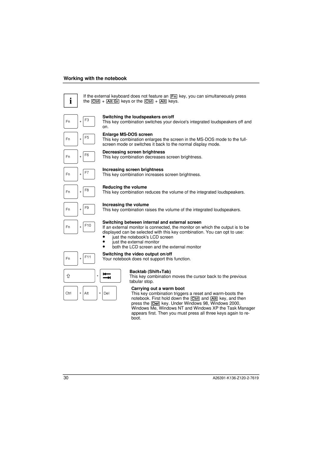 Fujitsu Siemens Computers C Series Switching the loudspeakers on/off, Enlarge MS-DOS screen, Decreasing screen brightness 