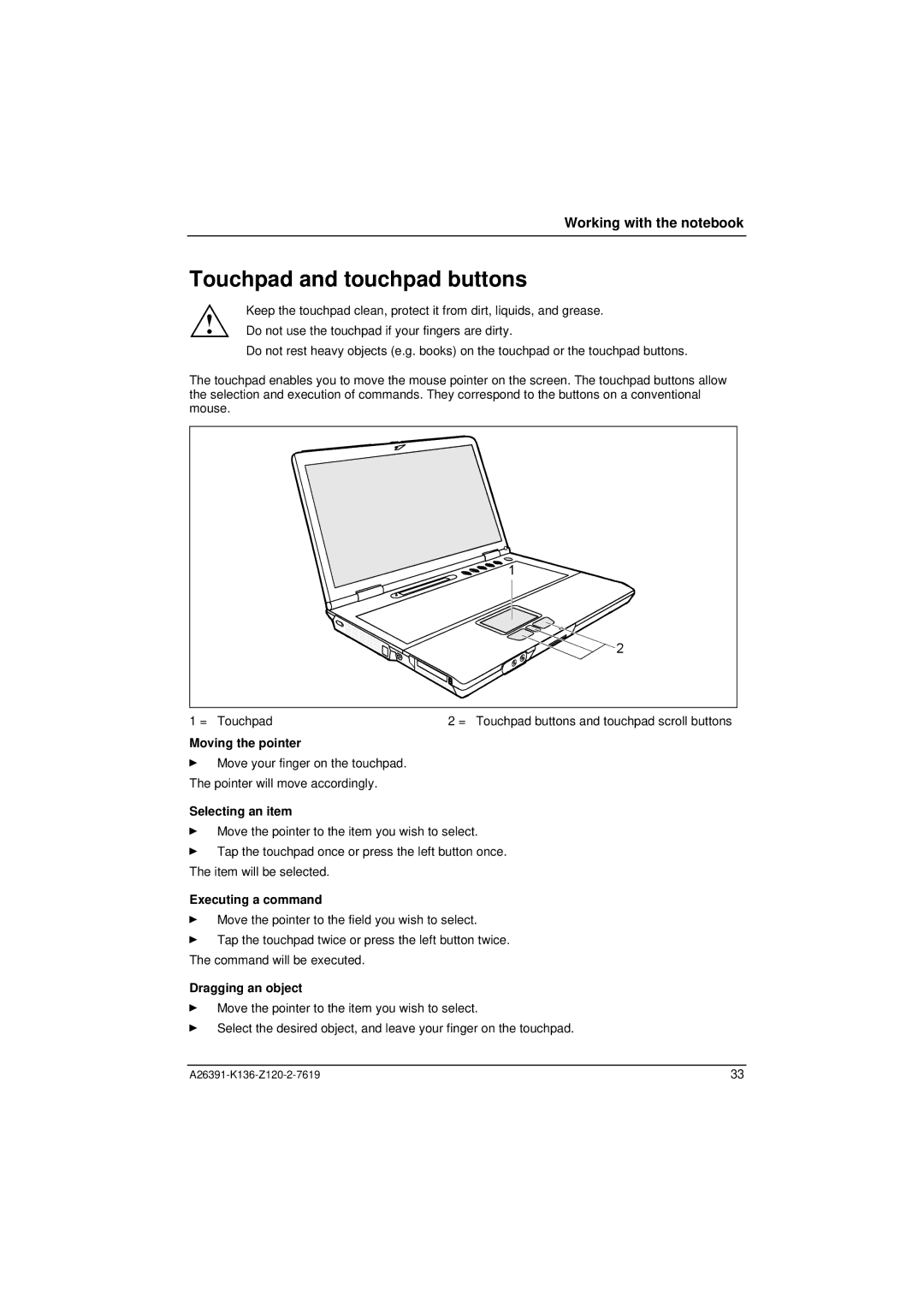 Fujitsu Siemens Computers C Series manual Touchpad and touchpad buttons, Moving the pointer, Selecting an item 