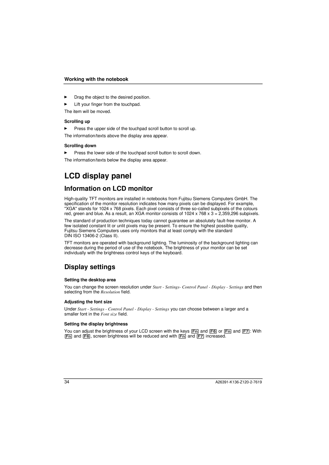 Fujitsu Siemens Computers C Series manual LCD display panel, Information on LCD monitor, Display settings 