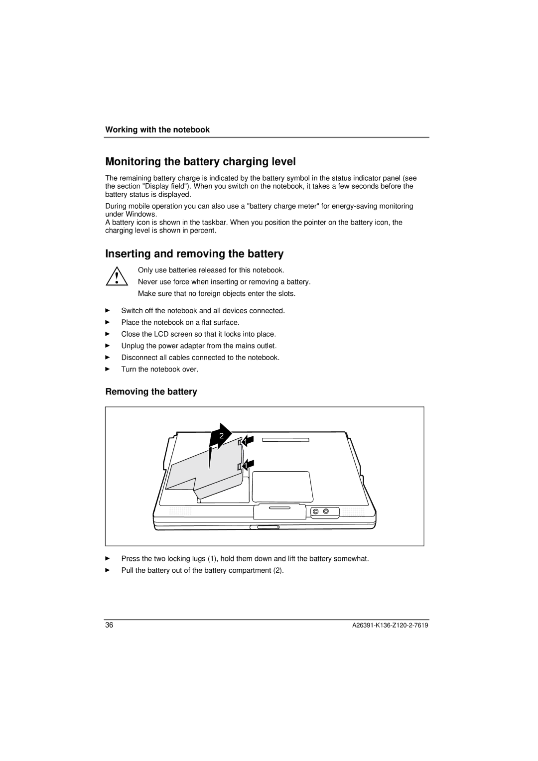 Fujitsu Siemens Computers C Series manual Monitoring the battery charging level, Inserting and removing the battery 