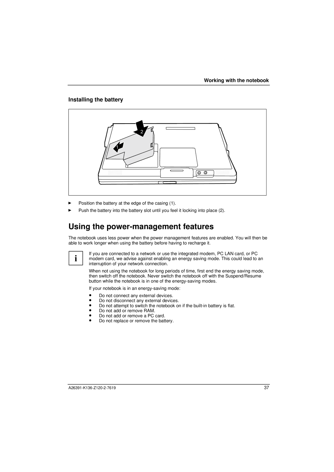 Fujitsu Siemens Computers C Series manual Using the power-management features, Installing the battery 