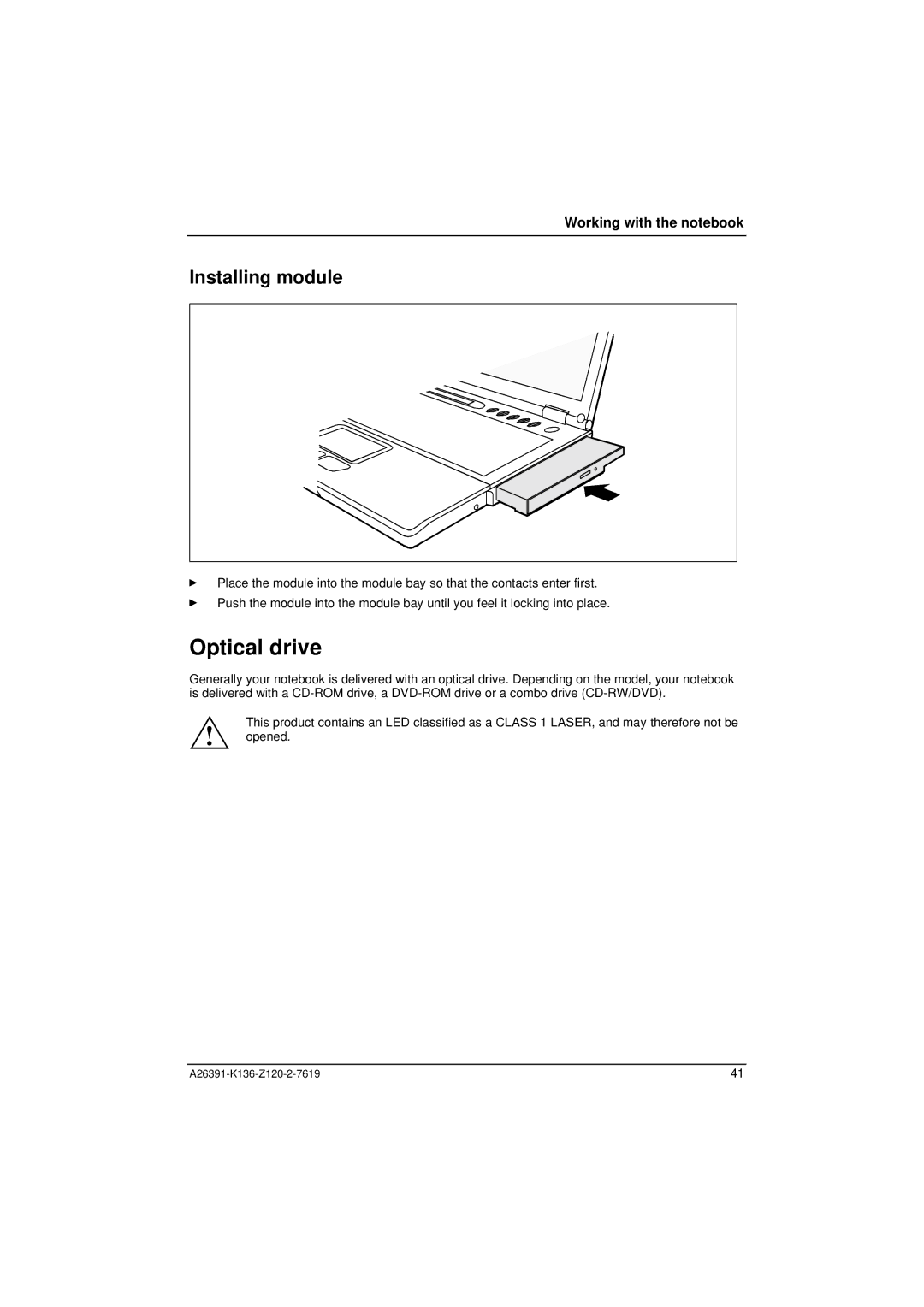 Fujitsu Siemens Computers C Series manual Optical drive, Installing module 