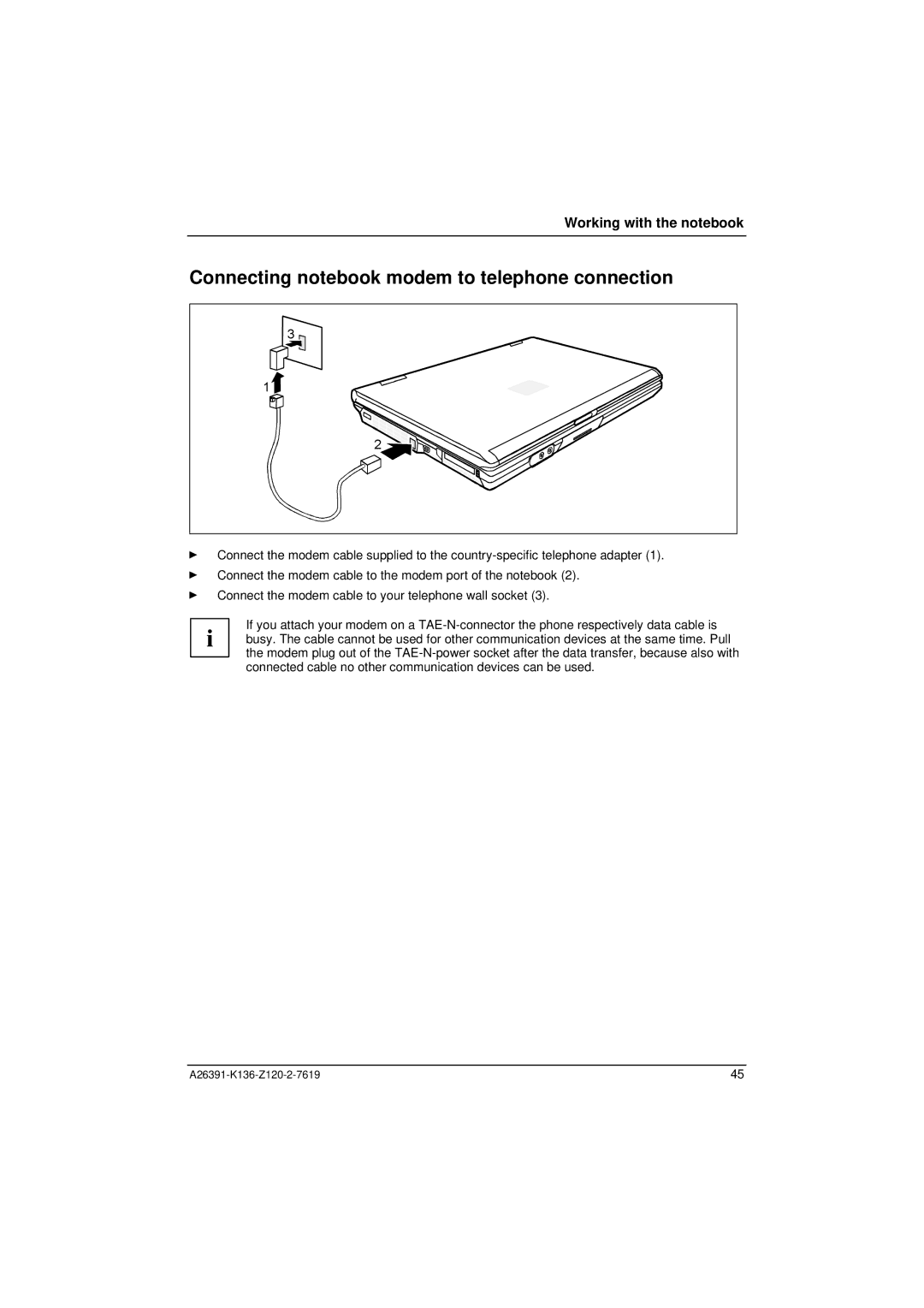 Fujitsu Siemens Computers C Series manual Connecting notebook modem to telephone connection 