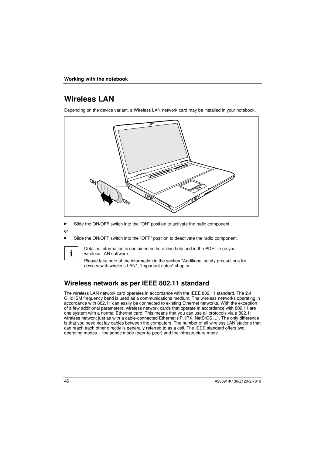 Fujitsu Siemens Computers C Series manual Wireless LAN, Wireless network as per Ieee 802.11 standard 