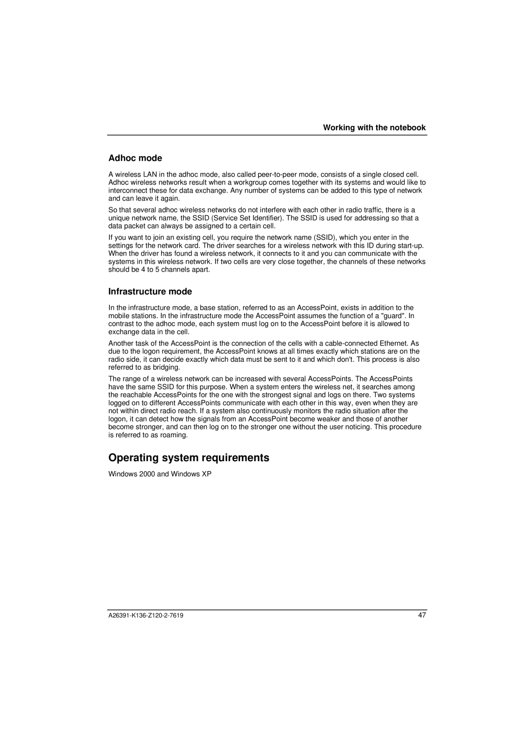 Fujitsu Siemens Computers C Series manual Operating system requirements, Adhoc mode, Infrastructure mode 