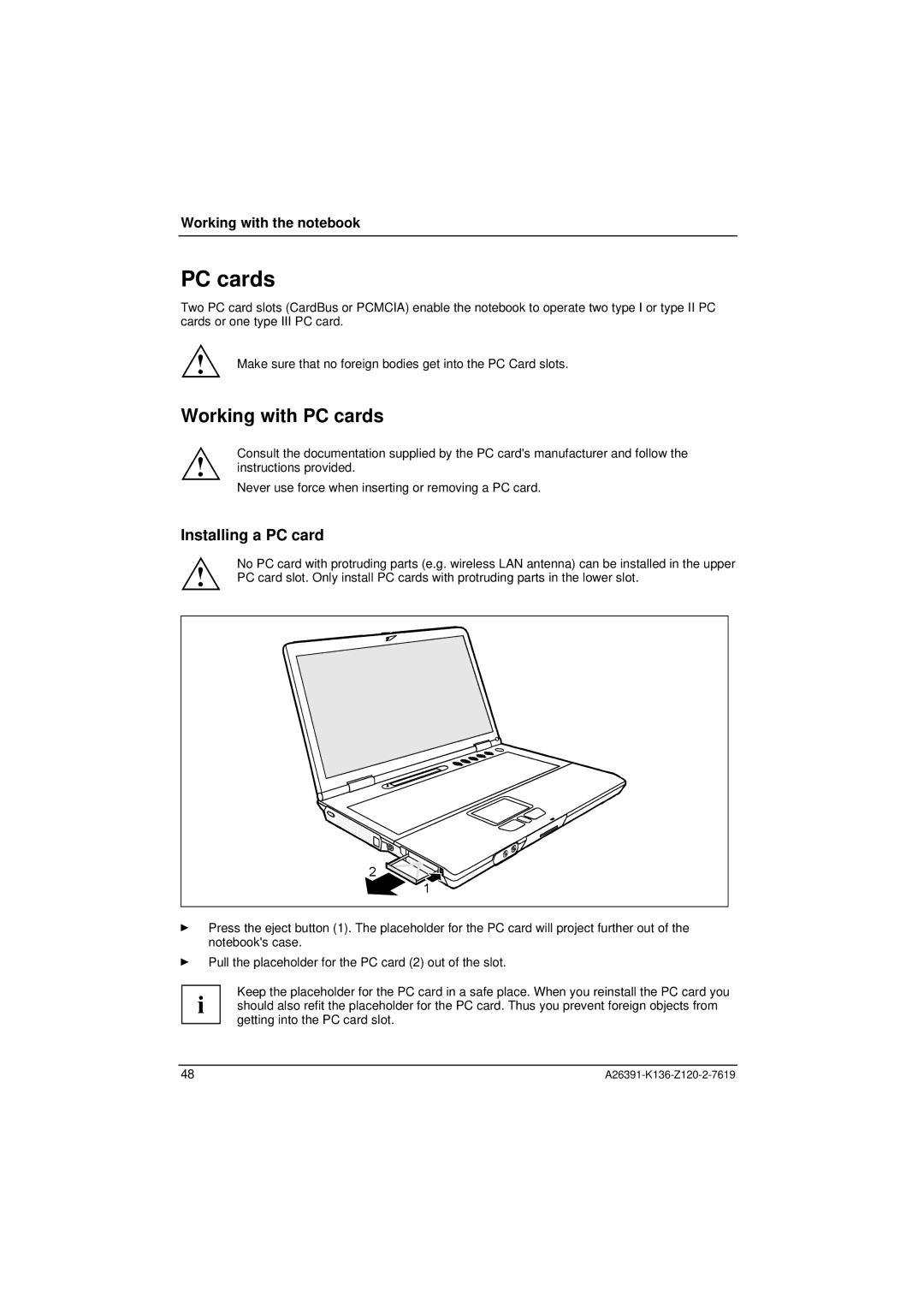 Fujitsu Siemens Computers C Series manual Working with PC cards, Installing a PC card 