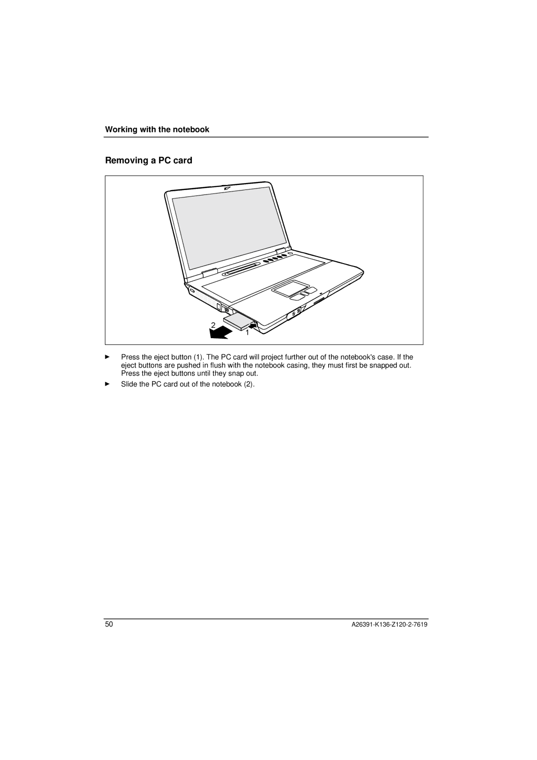 Fujitsu Siemens Computers C Series manual Removing a PC card 