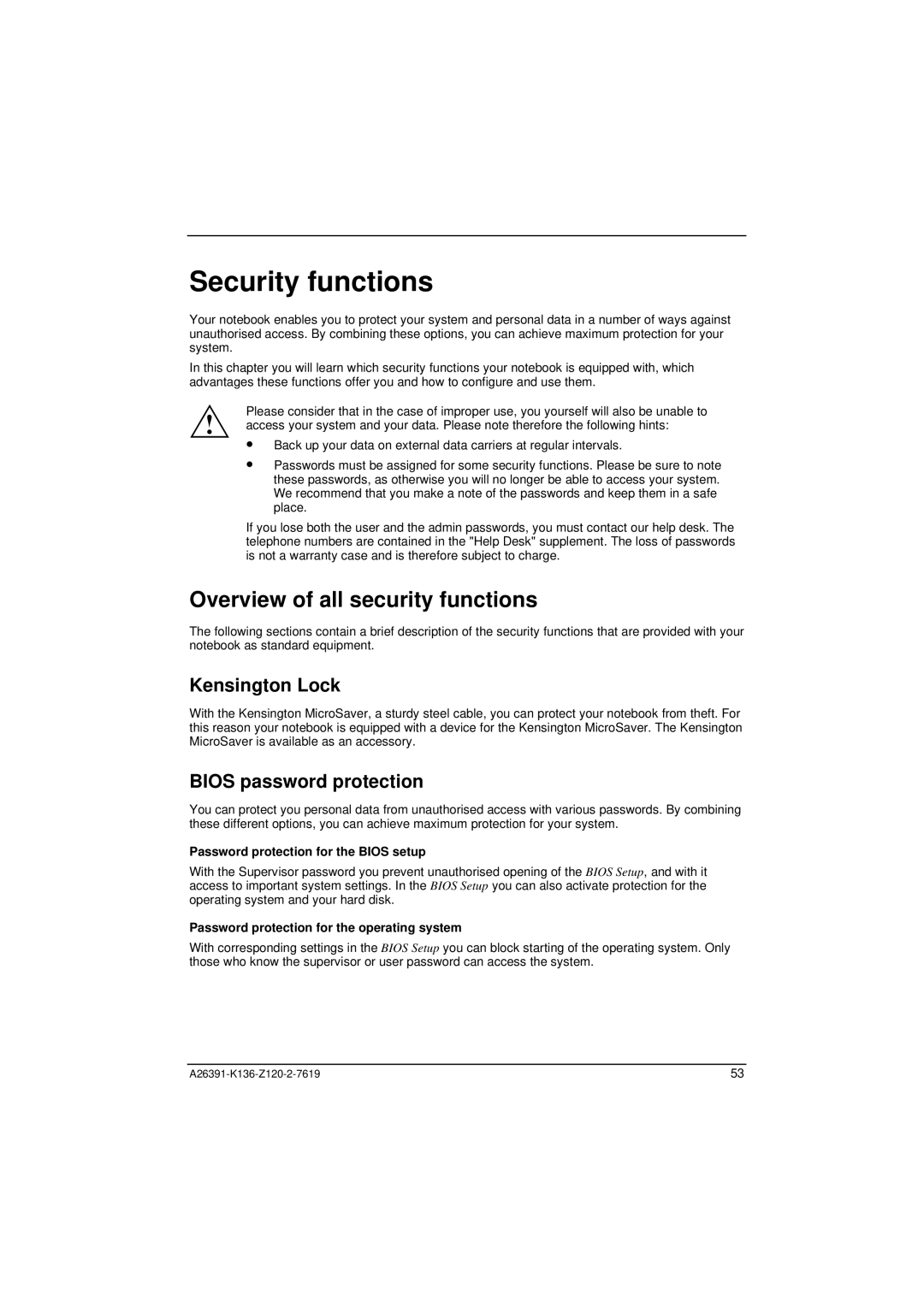 Fujitsu Siemens Computers C Series manual Security functions, Overview of all security functions, Kensington Lock 