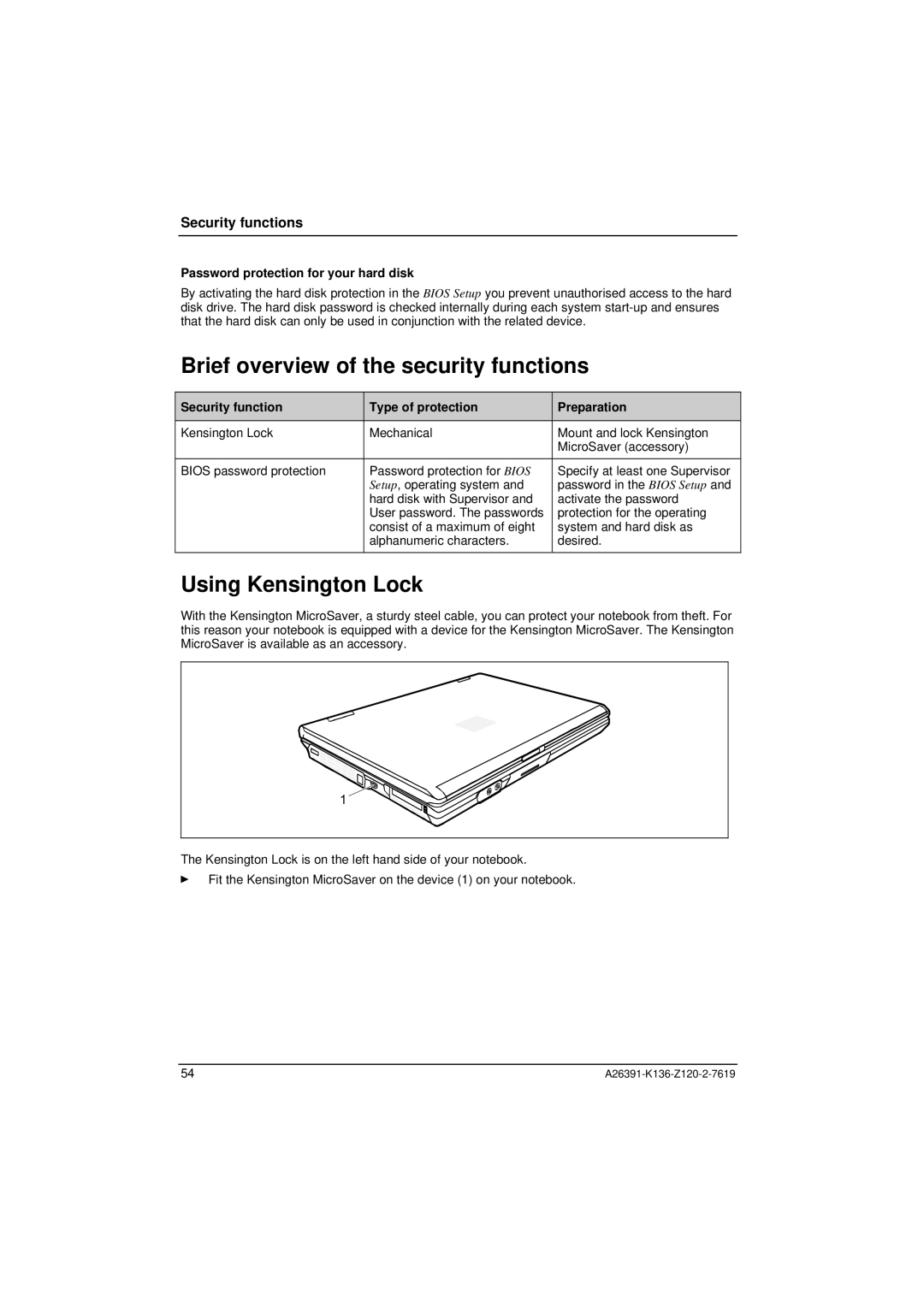 Fujitsu Siemens Computers C Series manual Brief overview of the security functions, Using Kensington Lock 