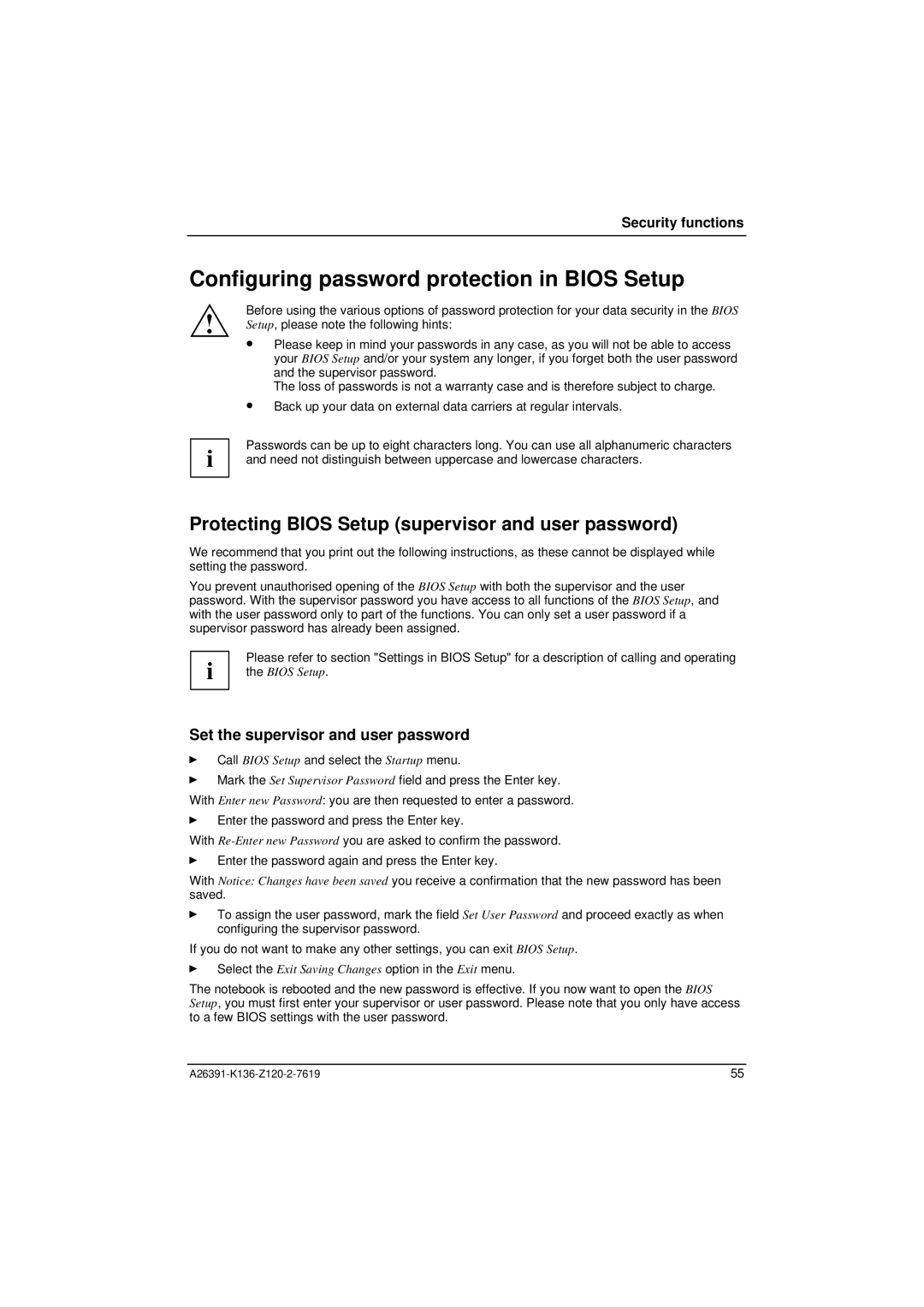 Fujitsu Siemens Computers C Series Configuring password protection in Bios Setup, Set the supervisor and user password 