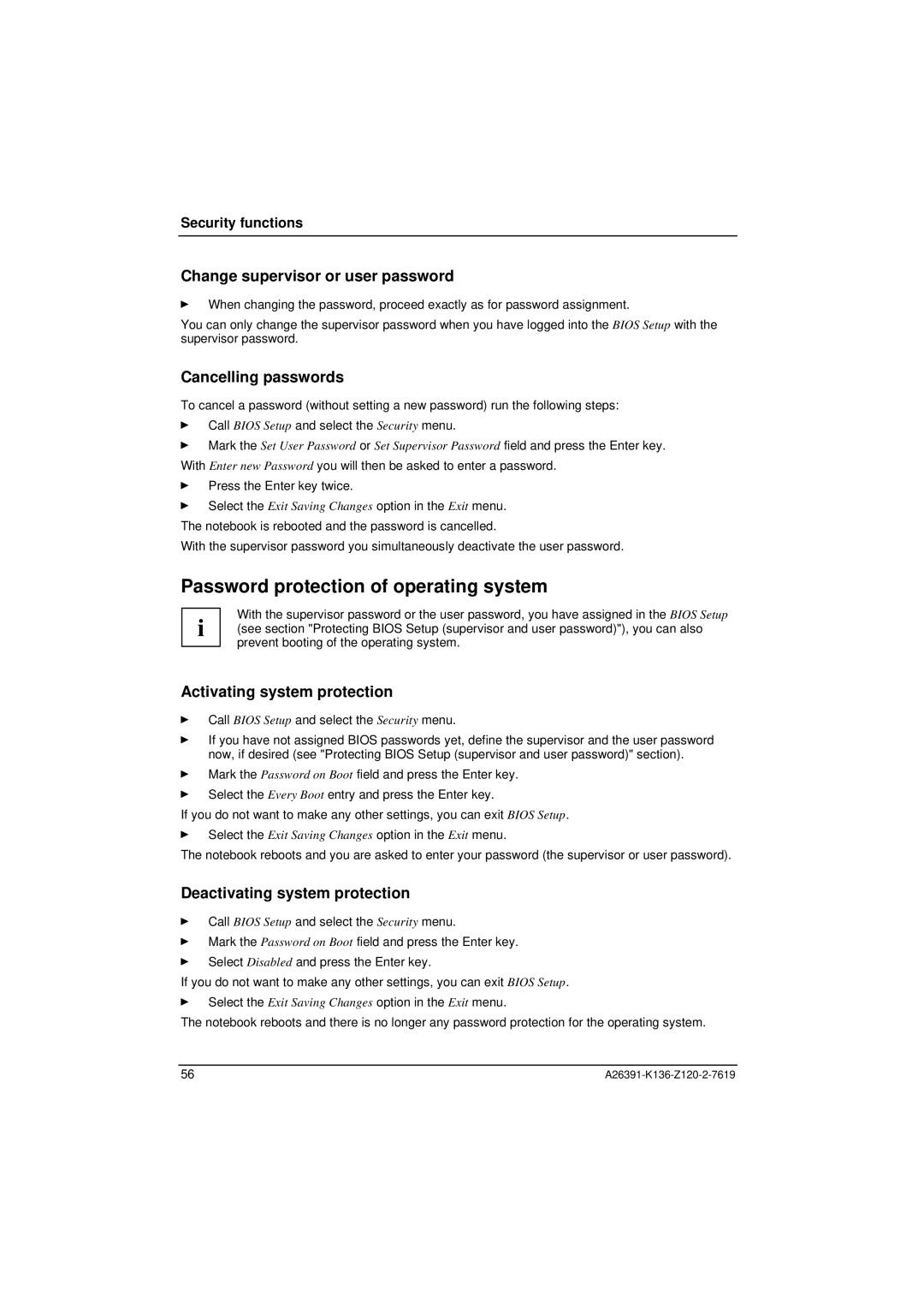 Fujitsu Siemens Computers C Series manual Password protection of operating system, Change supervisor or user password 