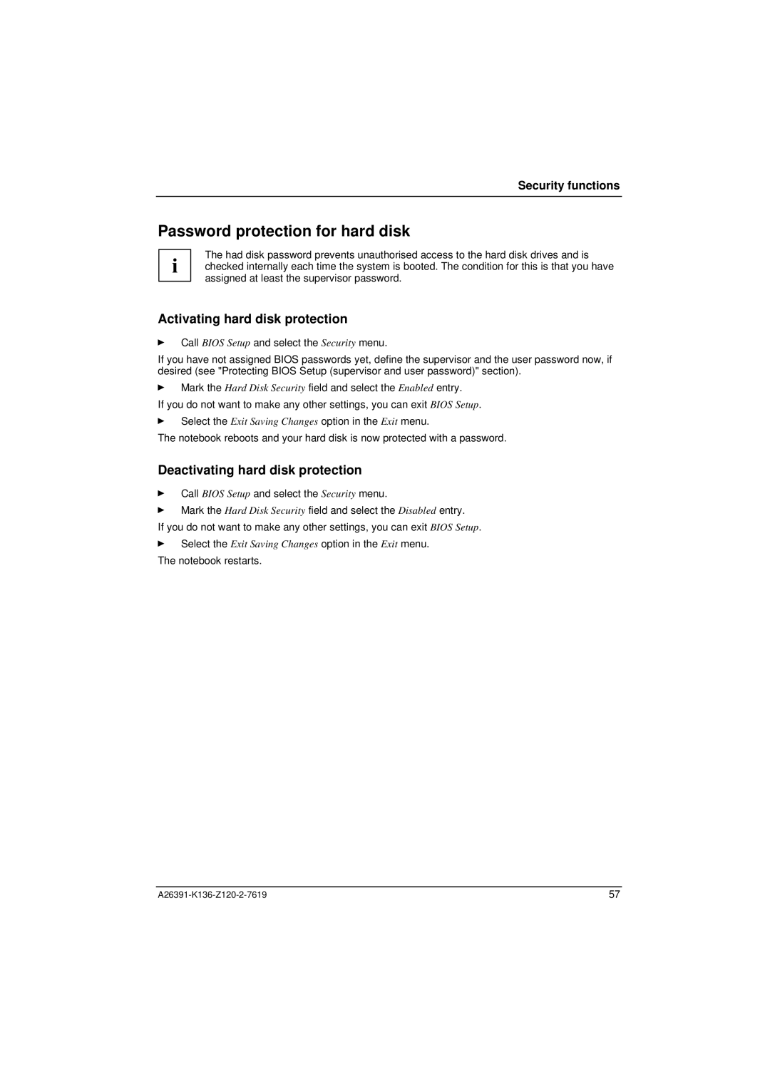 Fujitsu Siemens Computers C Series manual Password protection for hard disk, Activating hard disk protection 