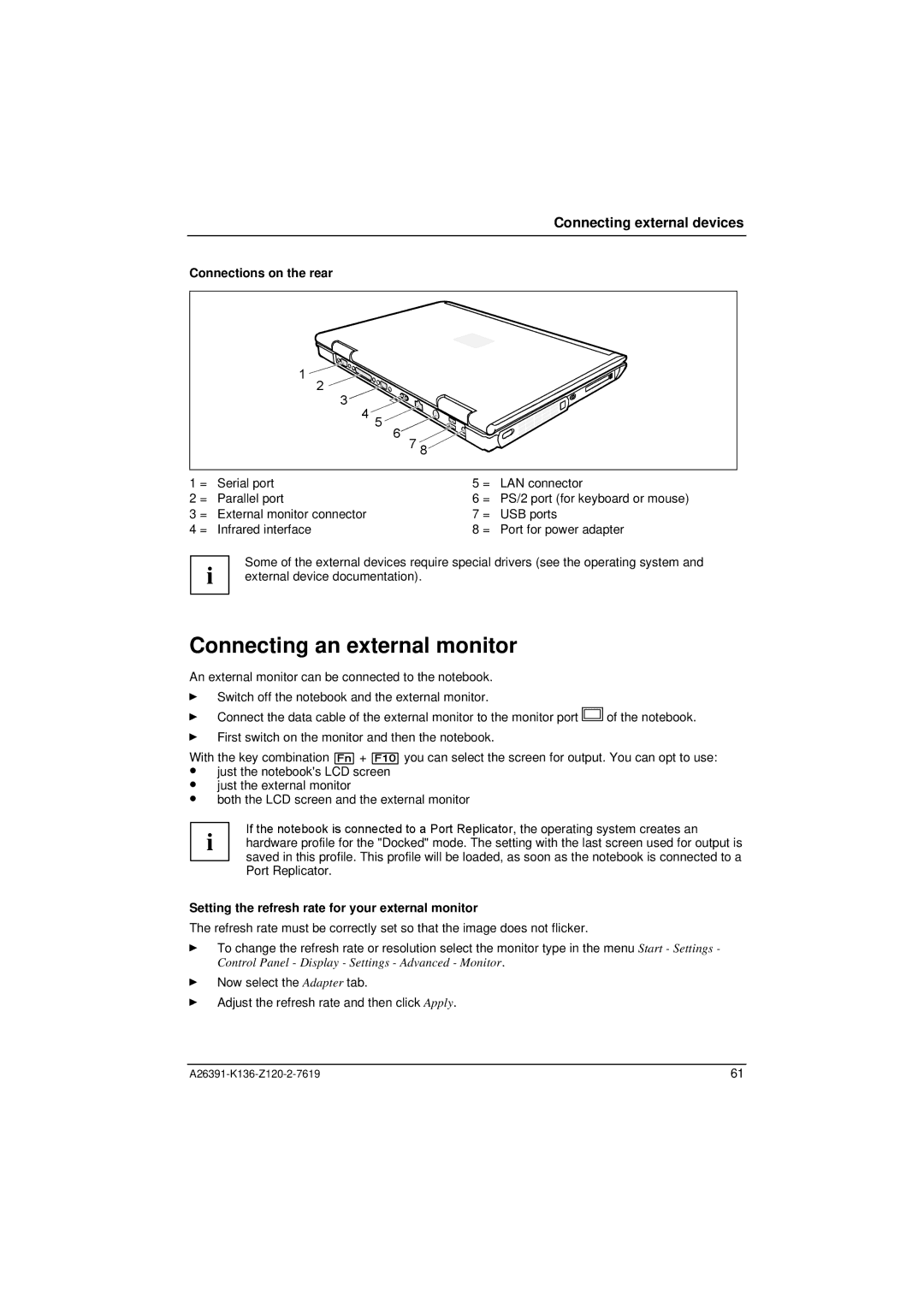 Fujitsu Siemens Computers C Series manual Connecting an external monitor, Connections on the rear 