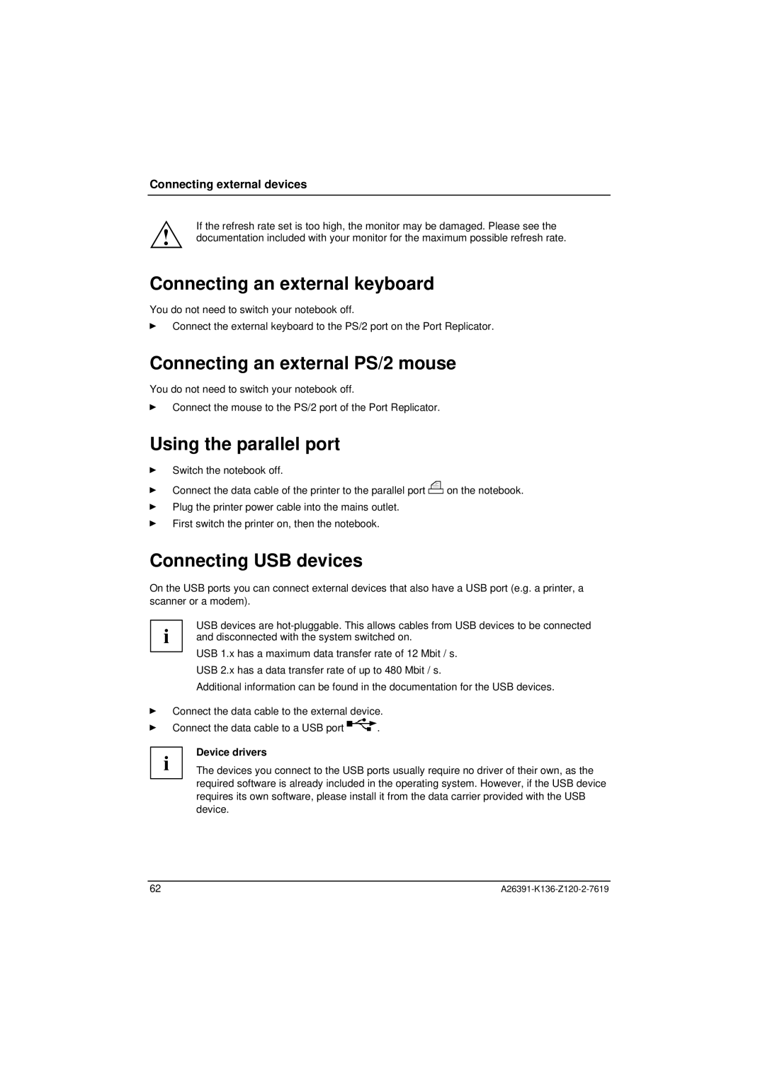 Fujitsu Siemens Computers C Series Connecting an external keyboard, Connecting an external PS/2 mouse, Device drivers 