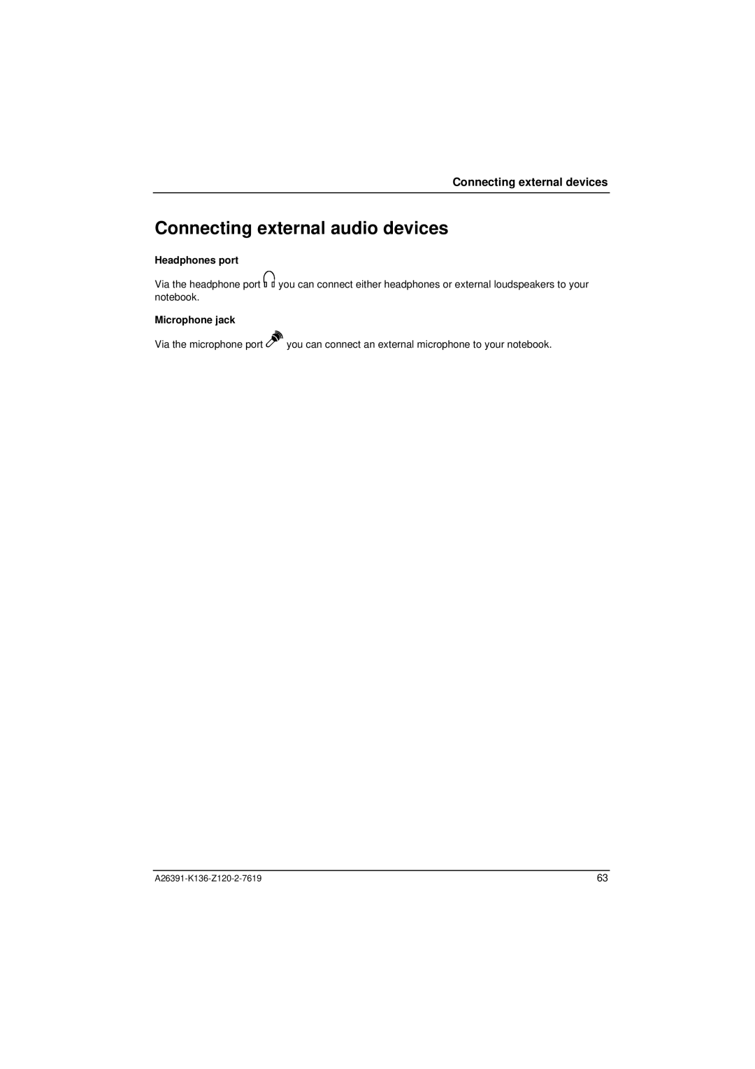 Fujitsu Siemens Computers C Series manual Connecting external audio devices, Headphones port, Microphone jack 