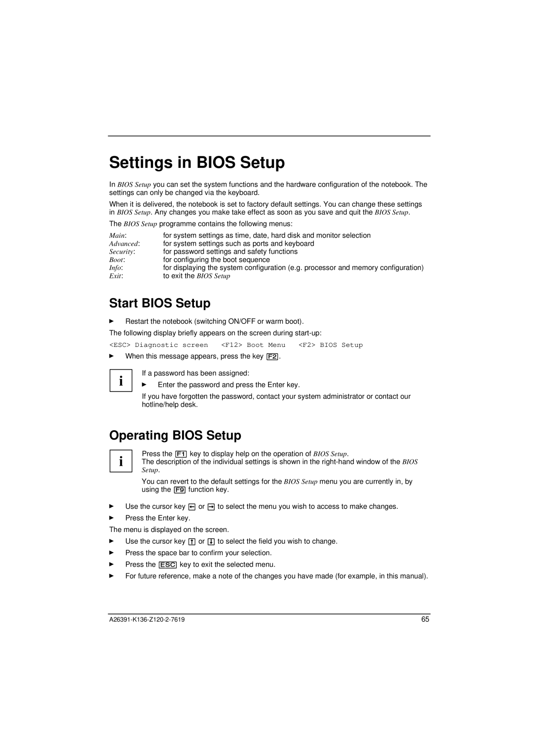 Fujitsu Siemens Computers C Series manual Settings in Bios Setup, Start Bios Setup, Operating Bios Setup 